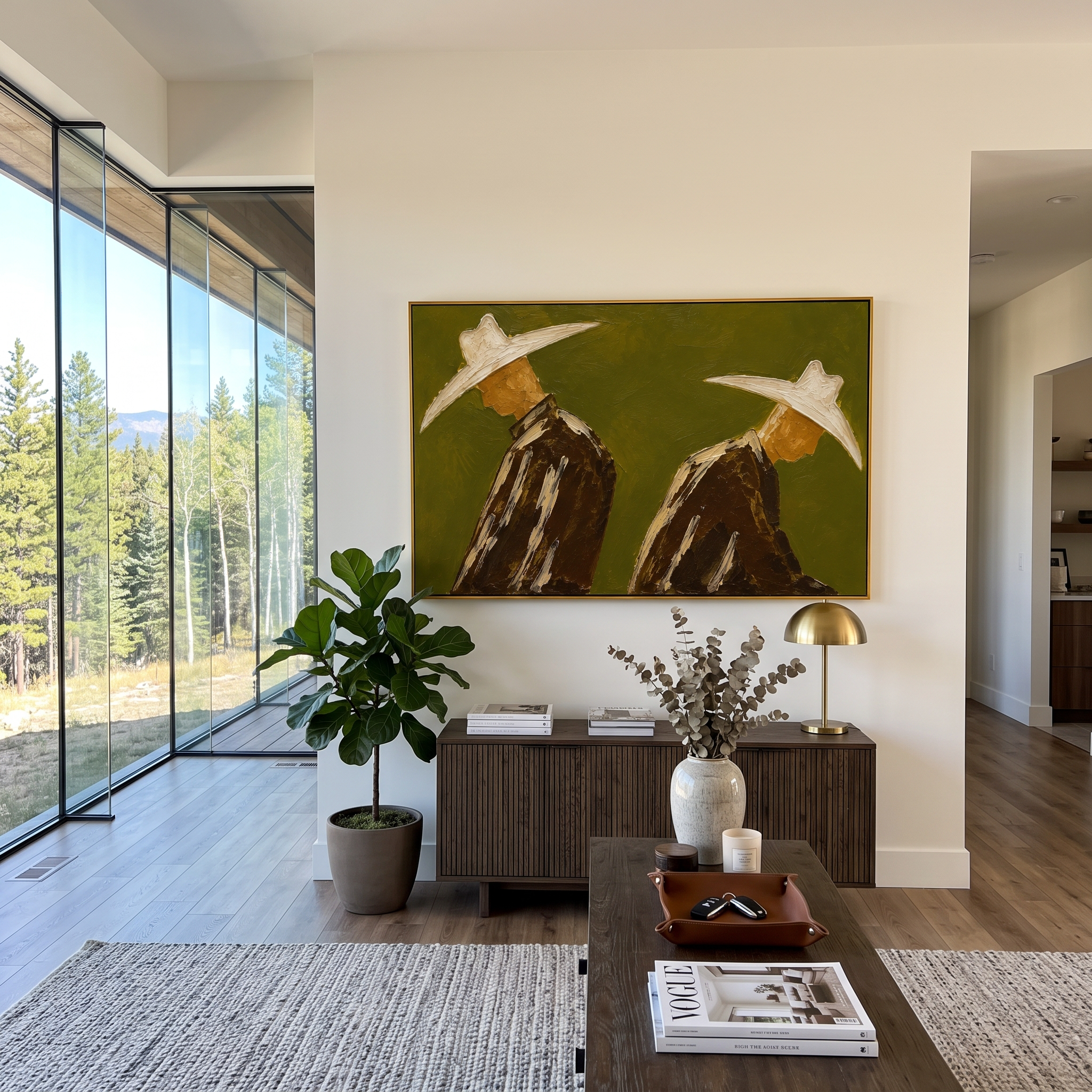 "Back Facing Cowboy Duo Painting" focuses on atmosphere, surface movement, and sculptural heavy impasto craftsmanship rather than a fixed literal storyline. The composition uses this hand-painted horizontal canvas depicts two cowboys seen from behind or in profile, their oversized cream hats cutting across an olive green textured field as the visual anchor, while layered palette-knife paint, raised plaster-like texture, and softened brush movement create tactile depth across the canvas. Curated