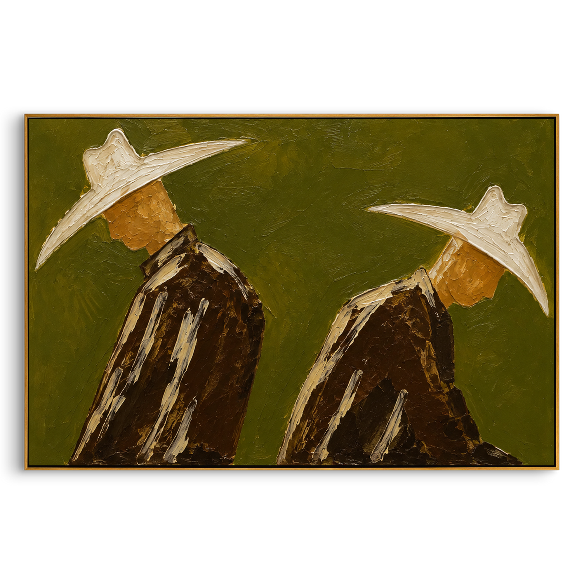 "Back Facing Cowboy Duo Painting" focuses on atmosphere, surface movement, and sculptural heavy impasto craftsmanship rather than a fixed literal storyline. The composition uses this hand-painted horizontal canvas depicts two cowboys seen from behind or in profile, their oversized cream hats cutting across an olive green textured field as the visual anchor, while layered palette-knife paint, raised plaster-like texture, and softened brush movement create tactile depth across the canvas. Curated