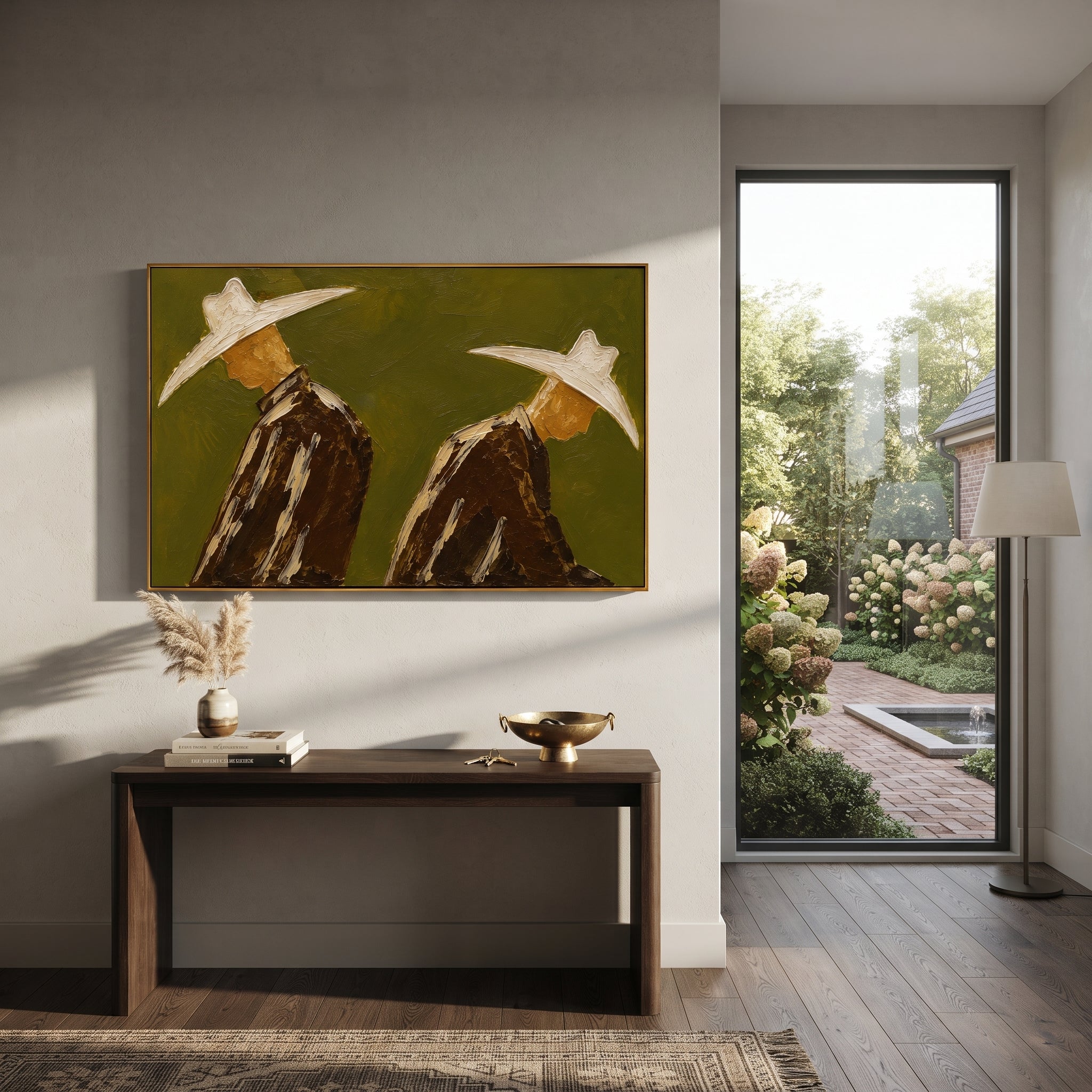 "Back Facing Cowboy Duo Painting" focuses on atmosphere, surface movement, and sculptural heavy impasto craftsmanship rather than a fixed literal storyline. The composition uses this hand-painted horizontal canvas depicts two cowboys seen from behind or in profile, their oversized cream hats cutting across an olive green textured field as the visual anchor, while layered palette-knife paint, raised plaster-like texture, and softened brush movement create tactile depth across the canvas. Curated