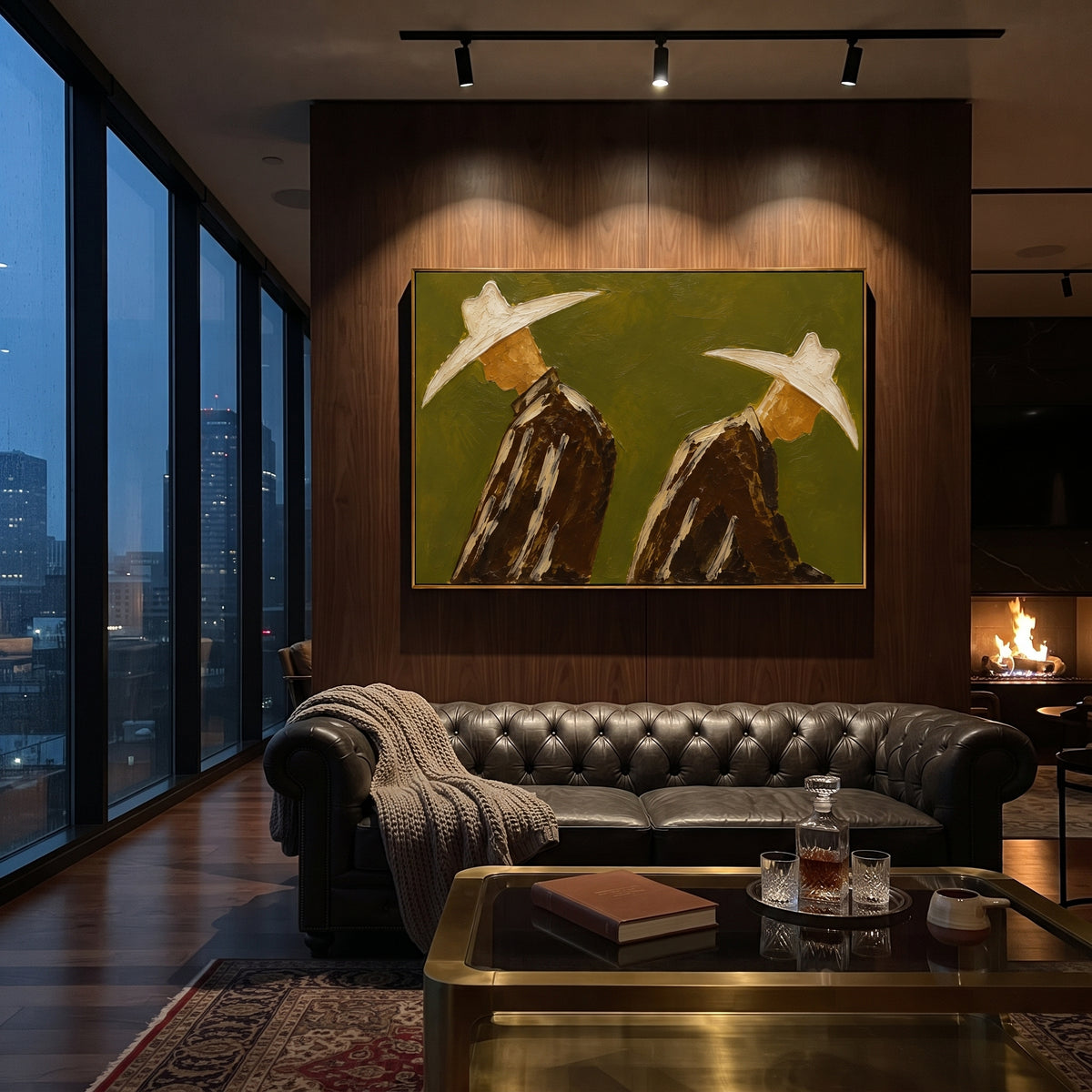 "Back Facing Cowboy Duo Painting" focuses on atmosphere, surface movement, and sculptural heavy impasto craftsmanship rather than a fixed literal storyline. The composition uses this hand-painted horizontal canvas depicts two cowboys seen from behind or in profile, their oversized cream hats cutting across an olive green textured field as the visual anchor, while layered palette-knife paint, raised plaster-like texture, and softened brush movement create tactile depth across the canvas. Curated