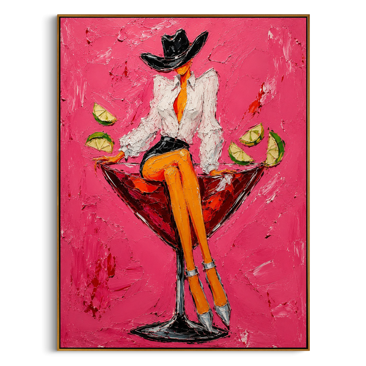 "Cowgirl Martini Glass Painting" focuses on atmosphere, surface movement, and sculptural heavy impasto craftsmanship rather than a fixed literal storyline. The composition uses this hand-painted vertical canvas features a stylish cowgirl sitting on the rim of a red martini glass against a vivid pink plaster background as the visual anchor, while layered palette-knife paint, raised plaster-like texture, and softened brush movement create tactile depth across the canvas. Curated with a balanced