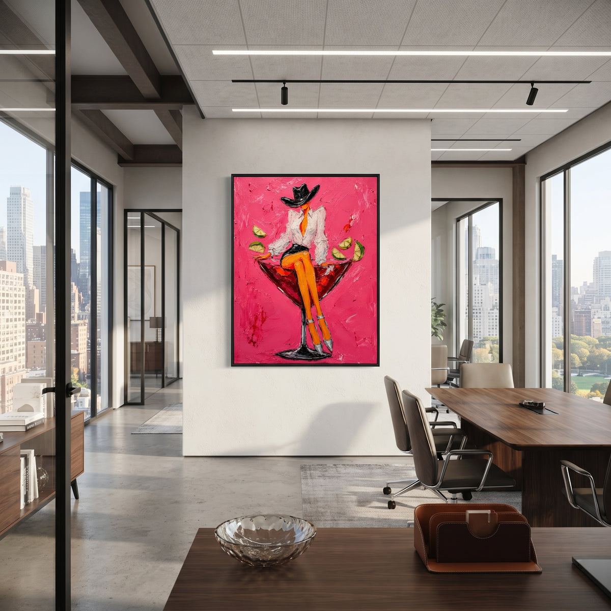 "Cowgirl Martini Glass Painting" focuses on atmosphere, surface movement, and sculptural heavy impasto craftsmanship rather than a fixed literal storyline. The composition uses this hand-painted vertical canvas features a stylish cowgirl sitting on the rim of a red martini glass against a vivid pink plaster background as the visual anchor, while layered palette-knife paint, raised plaster-like texture, and softened brush movement create tactile depth across the canvas. Curated with a balanced