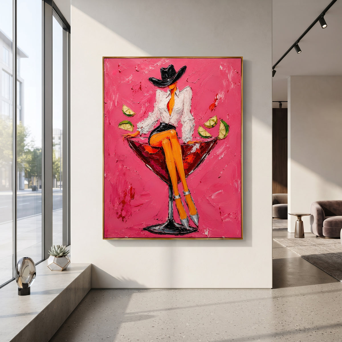 "Cowgirl Martini Glass Painting" focuses on atmosphere, surface movement, and sculptural heavy impasto craftsmanship rather than a fixed literal storyline. The composition uses this hand-painted vertical canvas features a stylish cowgirl sitting on the rim of a red martini glass against a vivid pink plaster background as the visual anchor, while layered palette-knife paint, raised plaster-like texture, and softened brush movement create tactile depth across the canvas. Curated with a balanced