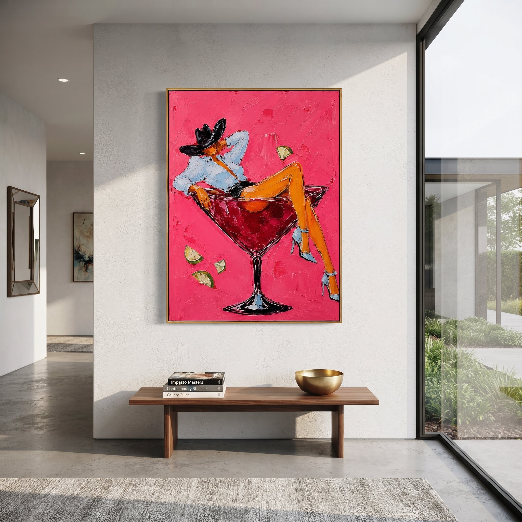 "Reclining Cowgirl Cocktail Painting" focuses on atmosphere, surface movement, and sculptural heavy impasto craftsmanship rather than a fixed literal storyline. The composition uses this hand-painted vertical canvas shows a cowgirl reclining across a red martini glass against a saturated pink plaster background as the visual anchor, while layered palette-knife paint, raised plaster-like texture, and softened brush movement create tactile depth across the canvas. Curated with a balanced pink
