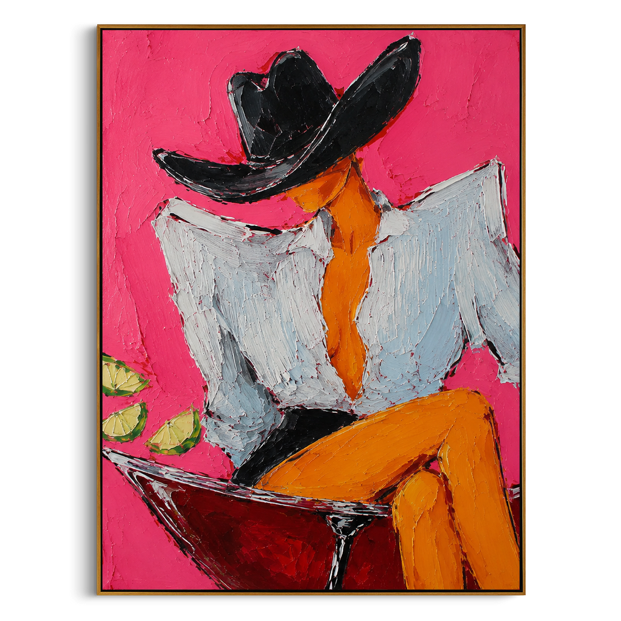 "Sage Jacket Cowboy Portrait Painting" focuses on atmosphere, surface movement, and sculptural heavy impasto craftsmanship rather than a fixed literal storyline. The composition uses this hand-painted vertical canvas presents a standing cowboy in a pale sage jacket, cream shirt, blue grey trousers, and wide beige hat against a warm ivory textured ground as the visual anchor, while layered palette-knife paint, raised plaster-like texture, and softened brush movement create tactile depth across