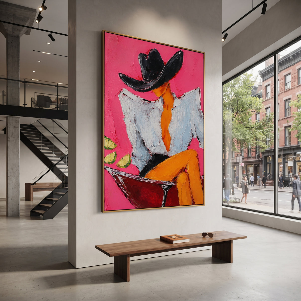 "Sage Jacket Cowboy Portrait Painting" focuses on atmosphere, surface movement, and sculptural heavy impasto craftsmanship rather than a fixed literal storyline. The composition uses this hand-painted vertical canvas presents a standing cowboy in a pale sage jacket, cream shirt, blue grey trousers, and wide beige hat against a warm ivory textured ground as the visual anchor, while layered palette-knife paint, raised plaster-like texture, and softened brush movement create tactile depth across