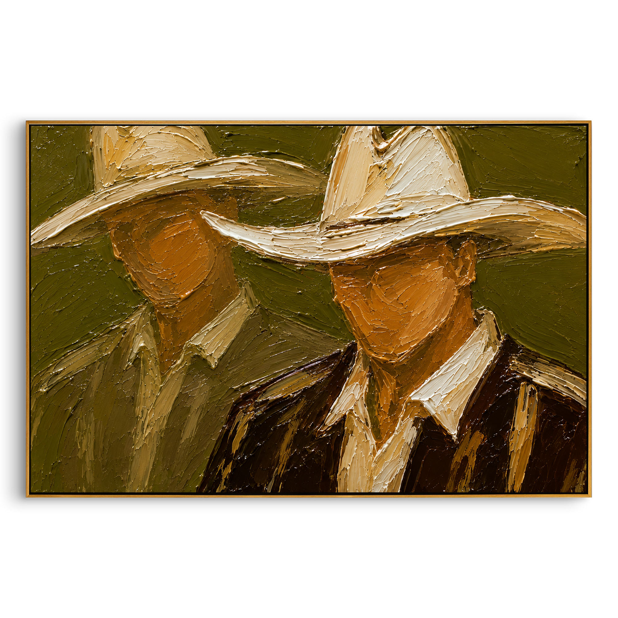 "Close Two Cowboy Faces Painting" focuses on atmosphere, surface movement, and sculptural heavy impasto craftsmanship rather than a fixed literal storyline. The composition uses this hand-painted horizontal canvas presents two close cowboy faces under broad cream hats on an olive green ground as the visual anchor, while layered palette-knife paint, raised plaster-like texture, and softened brush movement create tactile depth across the canvas. Curated with a balanced green, beige, brown palette