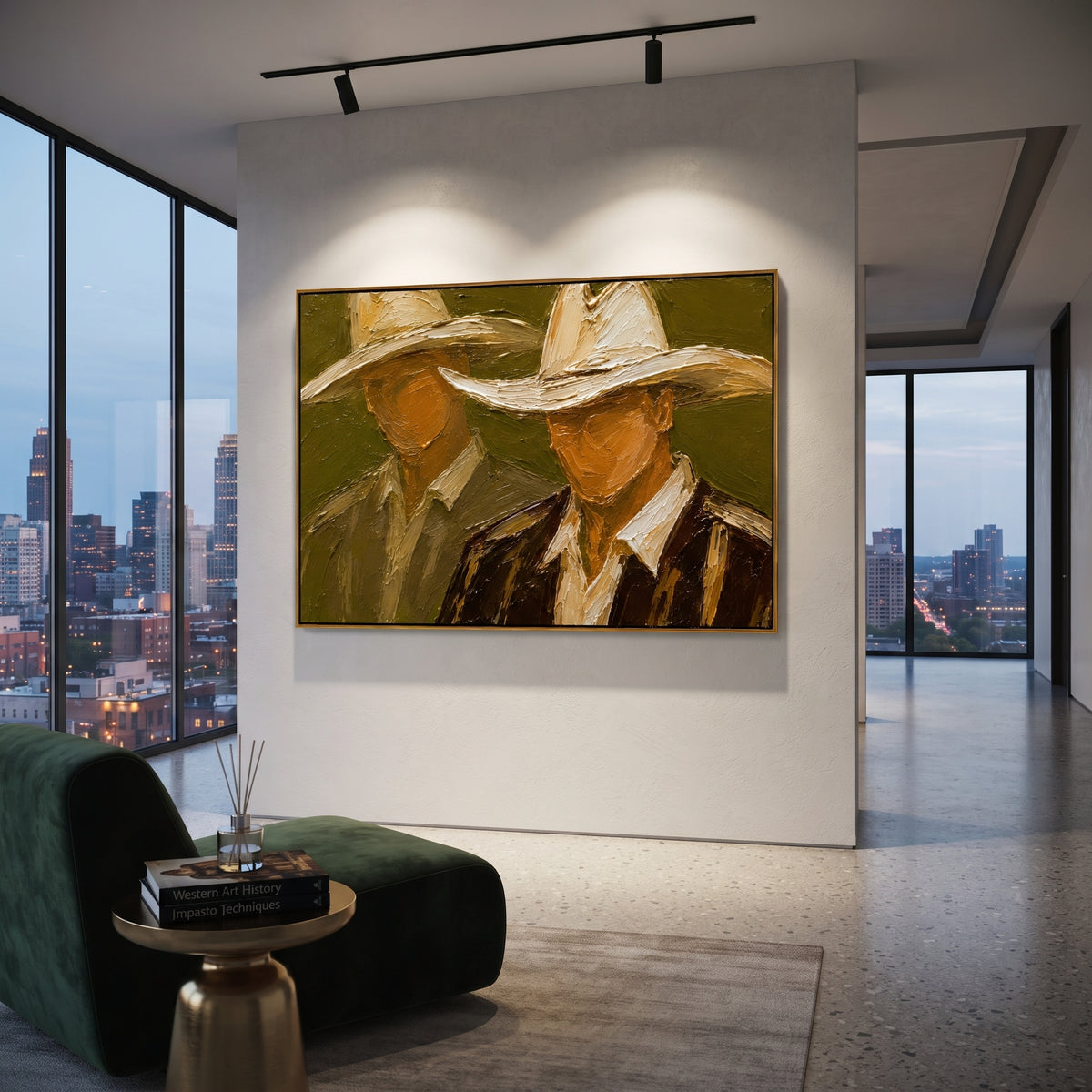 "Close Two Cowboy Faces Painting" focuses on atmosphere, surface movement, and sculptural heavy impasto craftsmanship rather than a fixed literal storyline. The composition uses this hand-painted horizontal canvas presents two close cowboy faces under broad cream hats on an olive green ground as the visual anchor, while layered palette-knife paint, raised plaster-like texture, and softened brush movement create tactile depth across the canvas. Curated with a balanced green, beige, brown palette