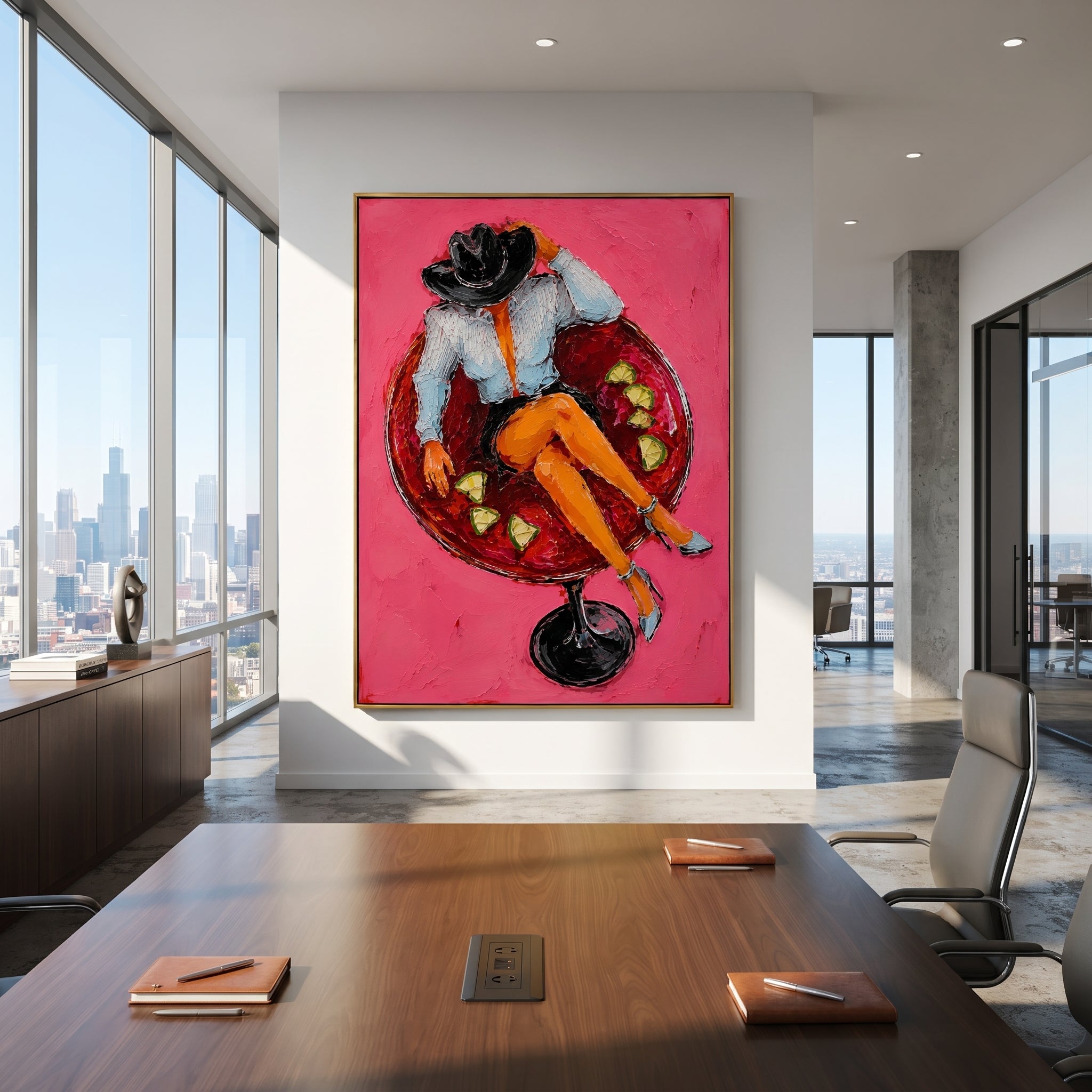 "Cream Hat Cowboy Portrait Painting" focuses on atmosphere, surface movement, and sculptural heavy impasto craftsmanship rather than a fixed literal storyline. The composition uses this hand-painted vertical canvas presents a quiet cowboy portrait with a cream hat, rust brown face, soft green jacket, and scraped ivory plaster background as the visual anchor, while layered palette-knife paint, raised plaster-like texture, and softened brush movement create tactile depth across the canvas. Curated