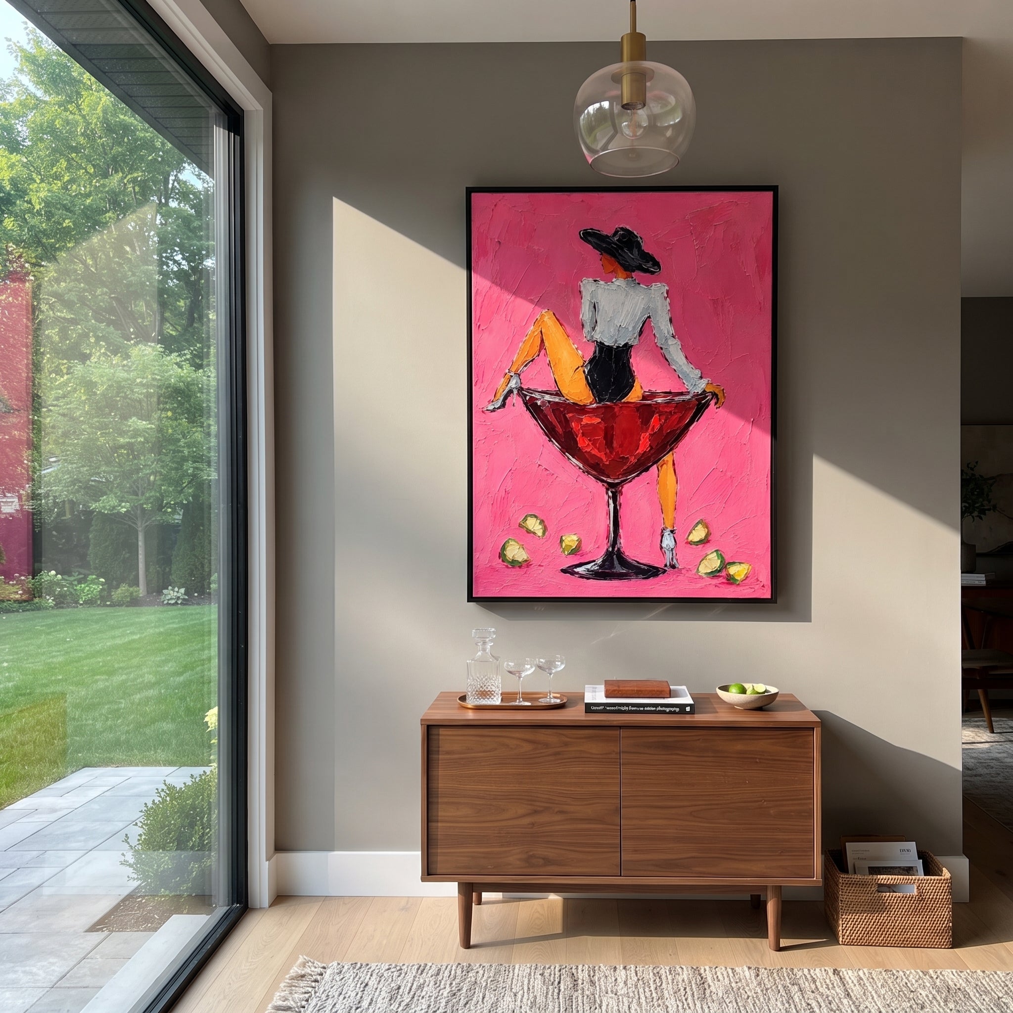 "Back View Martini Cowgirl Painting" focuses on atmosphere, surface movement, and sculptural heavy impasto craftsmanship rather than a fixed literal storyline. The composition uses this hand-painted vertical canvas shows a cowgirl turned away while sitting on a red martini glass against a hot pink textured background as the visual anchor, while layered palette-knife paint, raised plaster-like texture, and softened brush movement create tactile depth across the canvas. Curated with a balanced