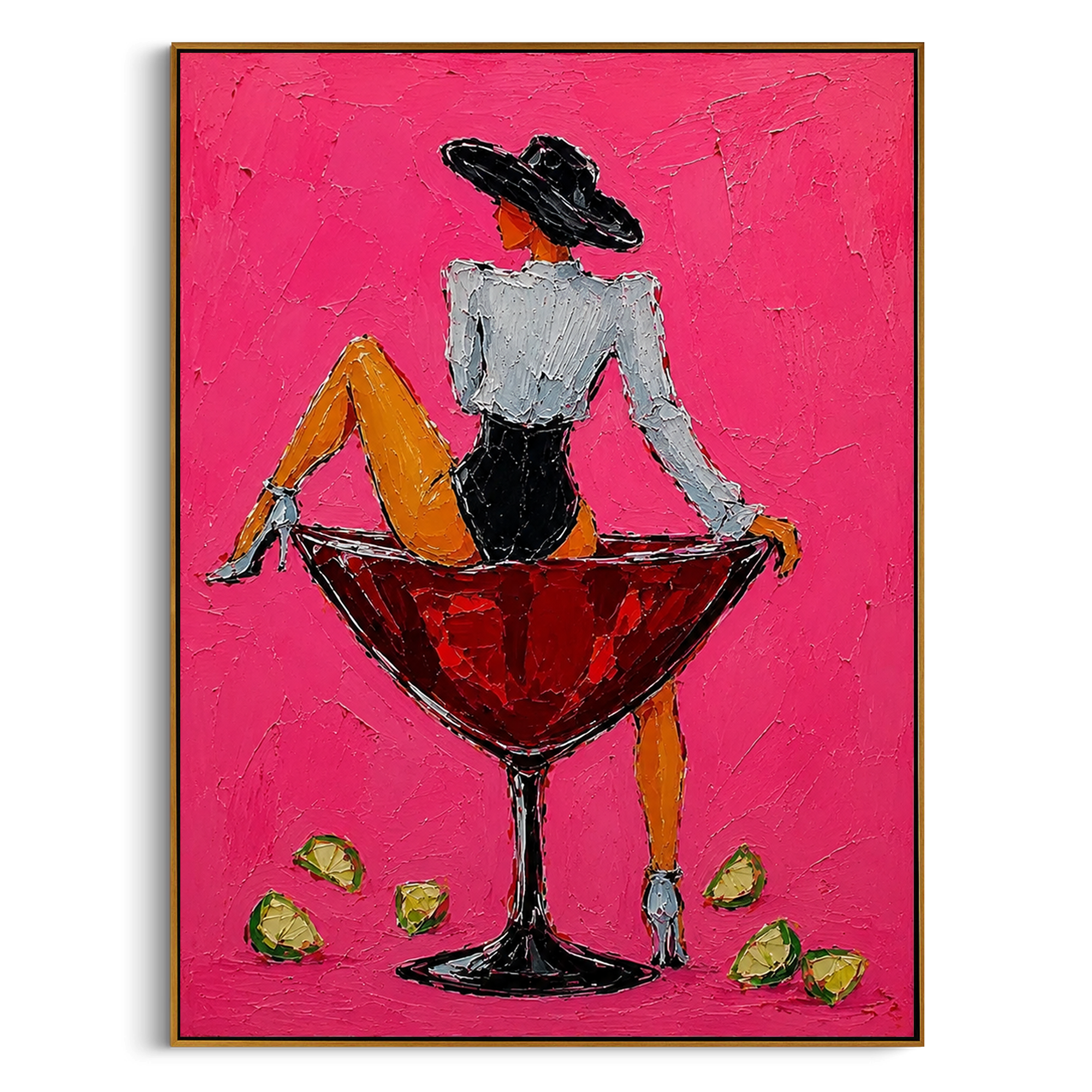 "Back View Martini Cowgirl Painting" focuses on atmosphere, surface movement, and sculptural heavy impasto craftsmanship rather than a fixed literal storyline. The composition uses this hand-painted vertical canvas shows a cowgirl turned away while sitting on a red martini glass against a hot pink textured background as the visual anchor, while layered palette-knife paint, raised plaster-like texture, and softened brush movement create tactile depth across the canvas. Curated with a balanced
