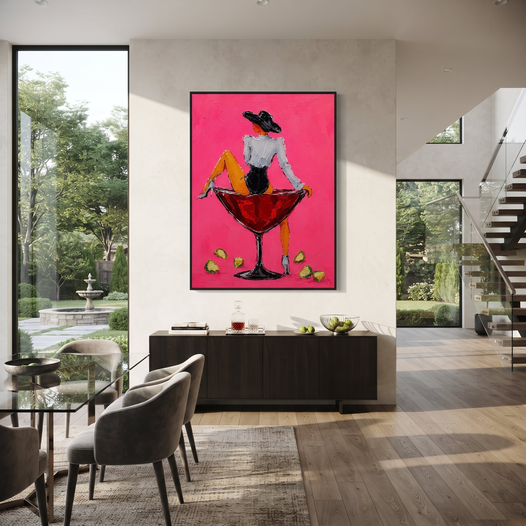 "Back View Martini Cowgirl Painting" focuses on atmosphere, surface movement, and sculptural heavy impasto craftsmanship rather than a fixed literal storyline. The composition uses this hand-painted vertical canvas shows a cowgirl turned away while sitting on a red martini glass against a hot pink textured background as the visual anchor, while layered palette-knife paint, raised plaster-like texture, and softened brush movement create tactile depth across the canvas. Curated with a balanced