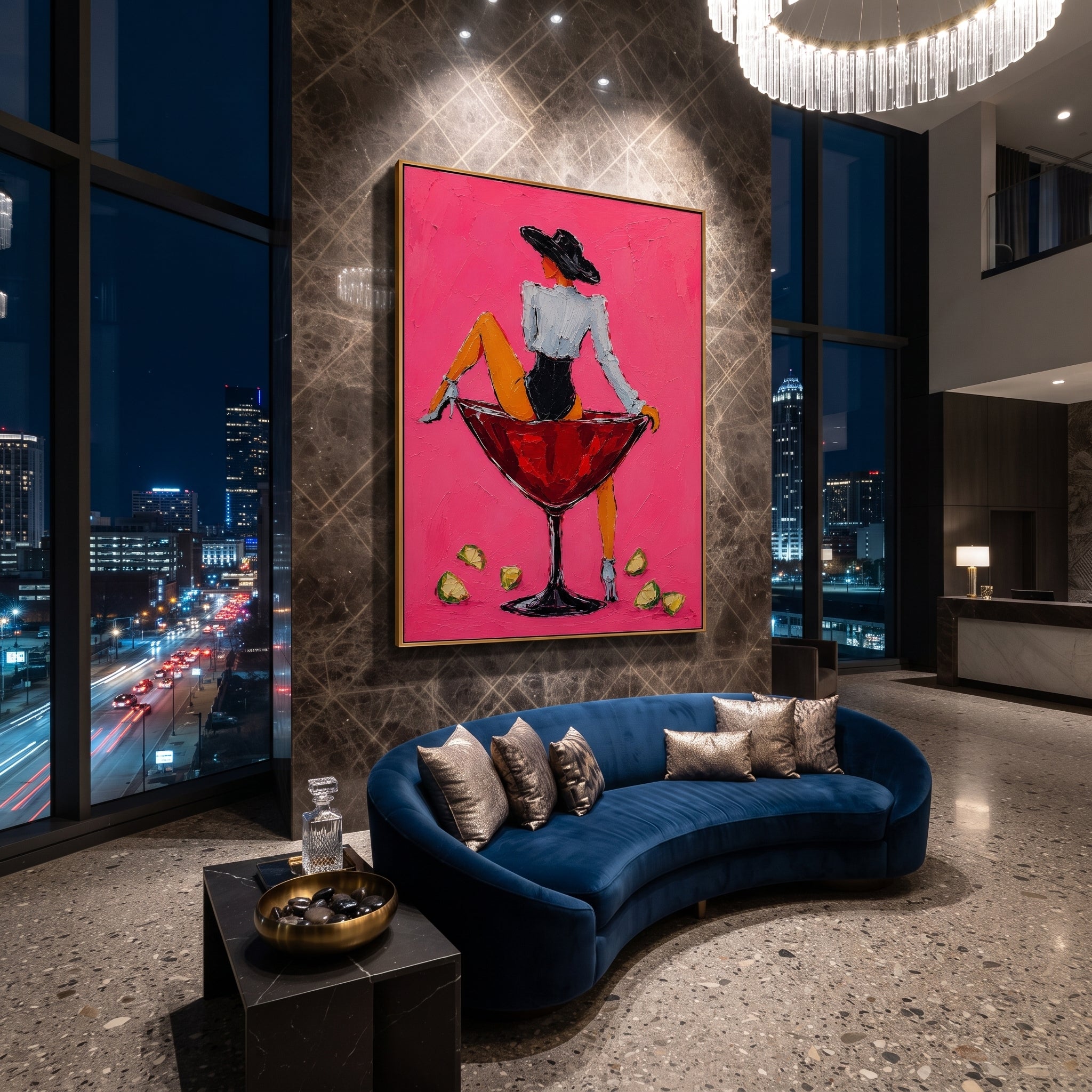 "Back View Martini Cowgirl Painting" focuses on atmosphere, surface movement, and sculptural heavy impasto craftsmanship rather than a fixed literal storyline. The composition uses this hand-painted vertical canvas shows a cowgirl turned away while sitting on a red martini glass against a hot pink textured background as the visual anchor, while layered palette-knife paint, raised plaster-like texture, and softened brush movement create tactile depth across the canvas. Curated with a balanced