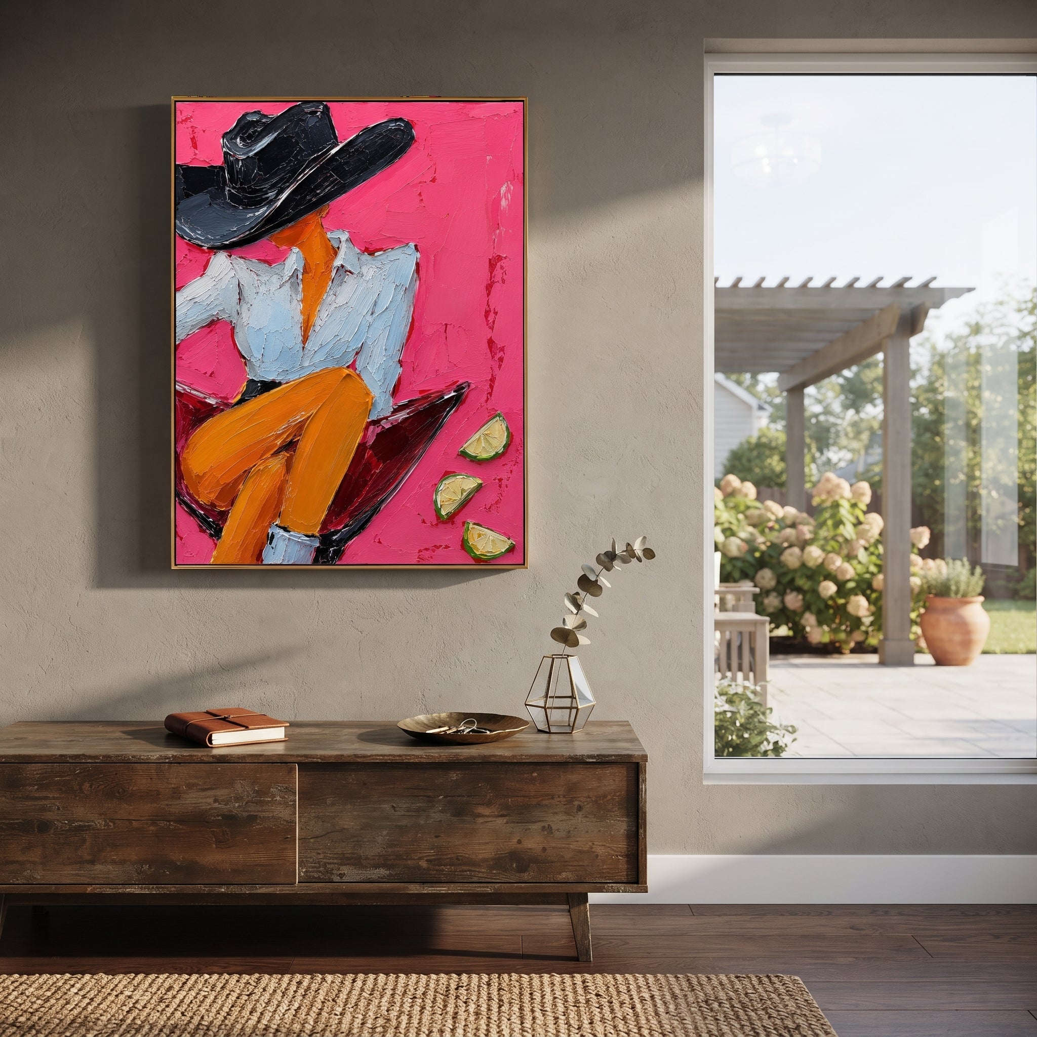 "Side Sitting Martini Cowgirl Painting" focuses on atmosphere, surface movement, and sculptural heavy impasto craftsmanship rather than a fixed literal storyline. The composition uses this hand-painted vertical canvas presents a side-profile cowgirl perched on the rim of a red martini glass as the visual anchor, while layered palette-knife paint, raised plaster-like texture, and softened brush movement create tactile depth across the canvas. Curated with a balanced pink, orange, black palette
