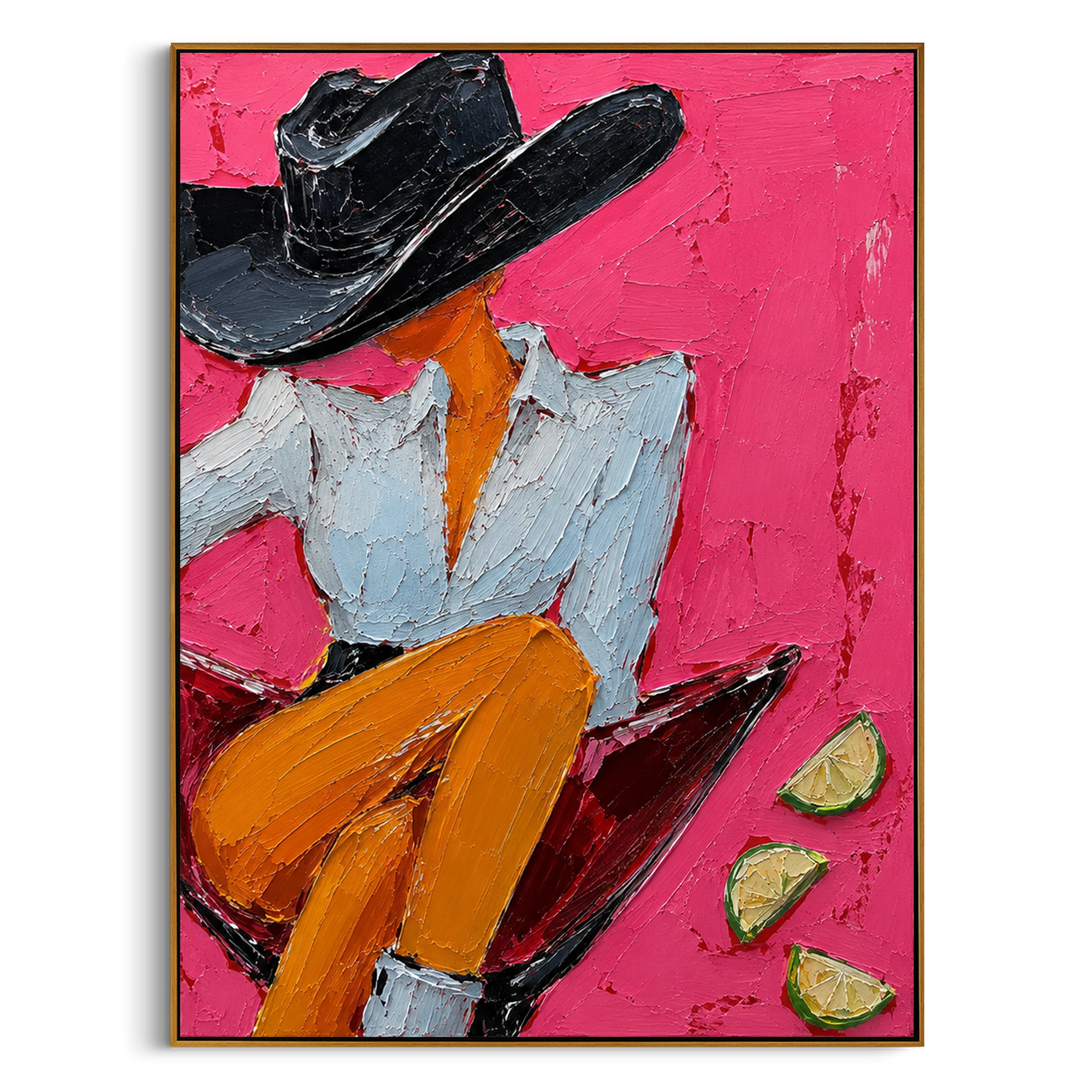 "Side Sitting Martini Cowgirl Painting" focuses on atmosphere, surface movement, and sculptural heavy impasto craftsmanship rather than a fixed literal storyline. The composition uses this hand-painted vertical canvas presents a side-profile cowgirl perched on the rim of a red martini glass as the visual anchor, while layered palette-knife paint, raised plaster-like texture, and softened brush movement create tactile depth across the canvas. Curated with a balanced pink, orange, black palette