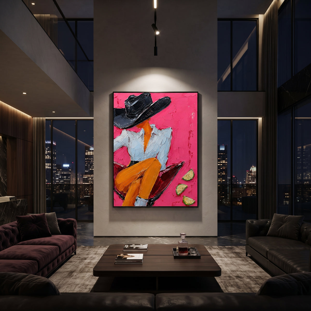"Side Sitting Martini Cowgirl Painting" focuses on atmosphere, surface movement, and sculptural heavy impasto craftsmanship rather than a fixed literal storyline. The composition uses this hand-painted vertical canvas presents a side-profile cowgirl perched on the rim of a red martini glass as the visual anchor, while layered palette-knife paint, raised plaster-like texture, and softened brush movement create tactile depth across the canvas. Curated with a balanced pink, orange, black palette