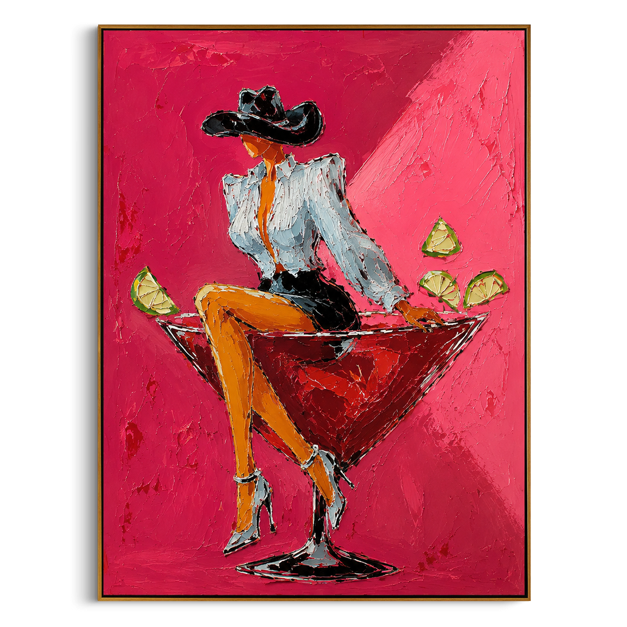 "Relaxed Martini Cowgirl Painting" focuses on atmosphere, surface movement, and sculptural heavy impasto craftsmanship rather than a fixed literal storyline. The composition uses this hand-painted vertical canvas features a relaxed cowgirl leaning across a red cocktail glass with one arm behind her head as the visual anchor, while layered palette-knife paint, raised plaster-like texture, and softened brush movement create tactile depth across the canvas. Curated with a balanced pink, orange