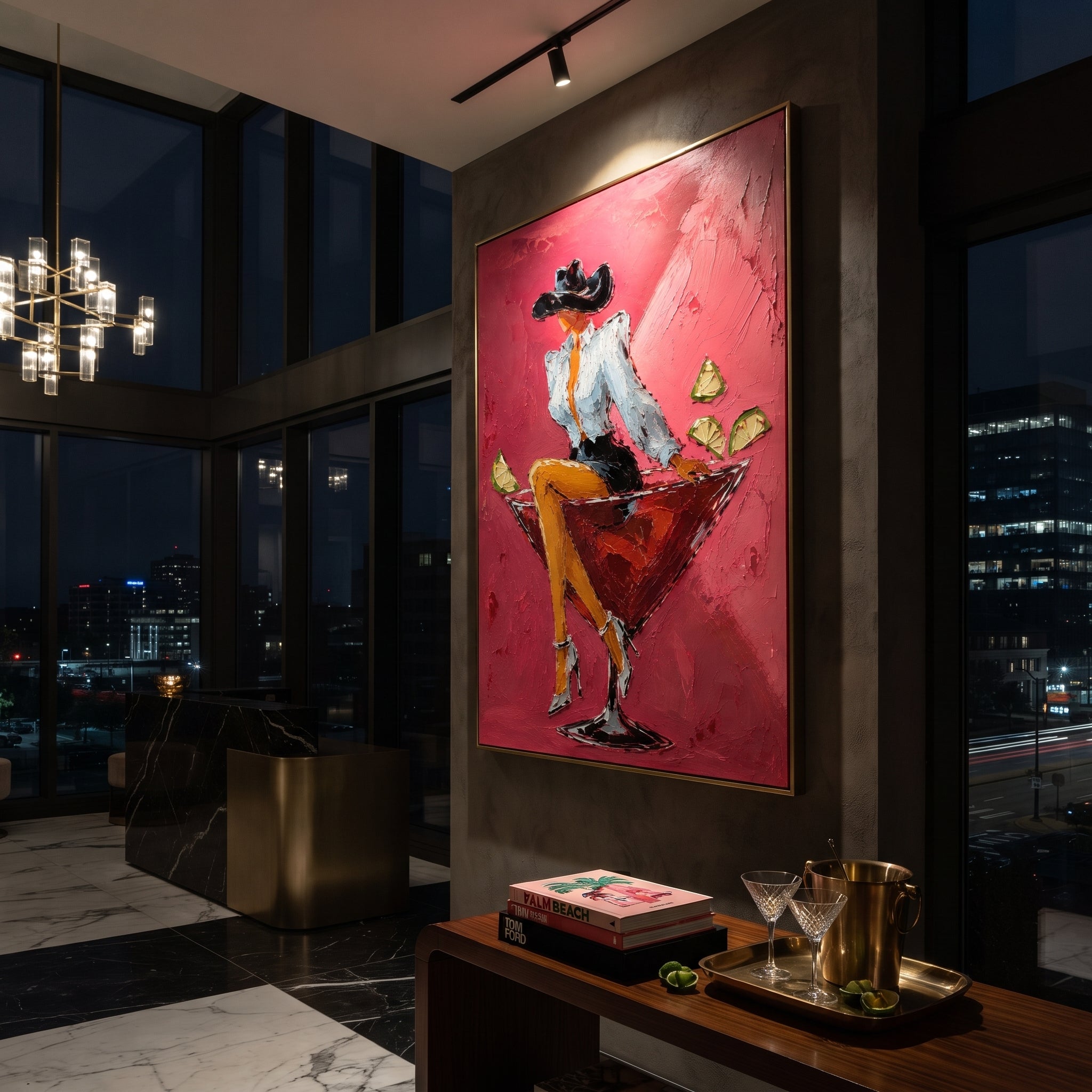 "Relaxed Martini Cowgirl Painting" focuses on atmosphere, surface movement, and sculptural heavy impasto craftsmanship rather than a fixed literal storyline. The composition uses this hand-painted vertical canvas features a relaxed cowgirl leaning across a red cocktail glass with one arm behind her head as the visual anchor, while layered palette-knife paint, raised plaster-like texture, and softened brush movement create tactile depth across the canvas. Curated with a balanced pink, orange