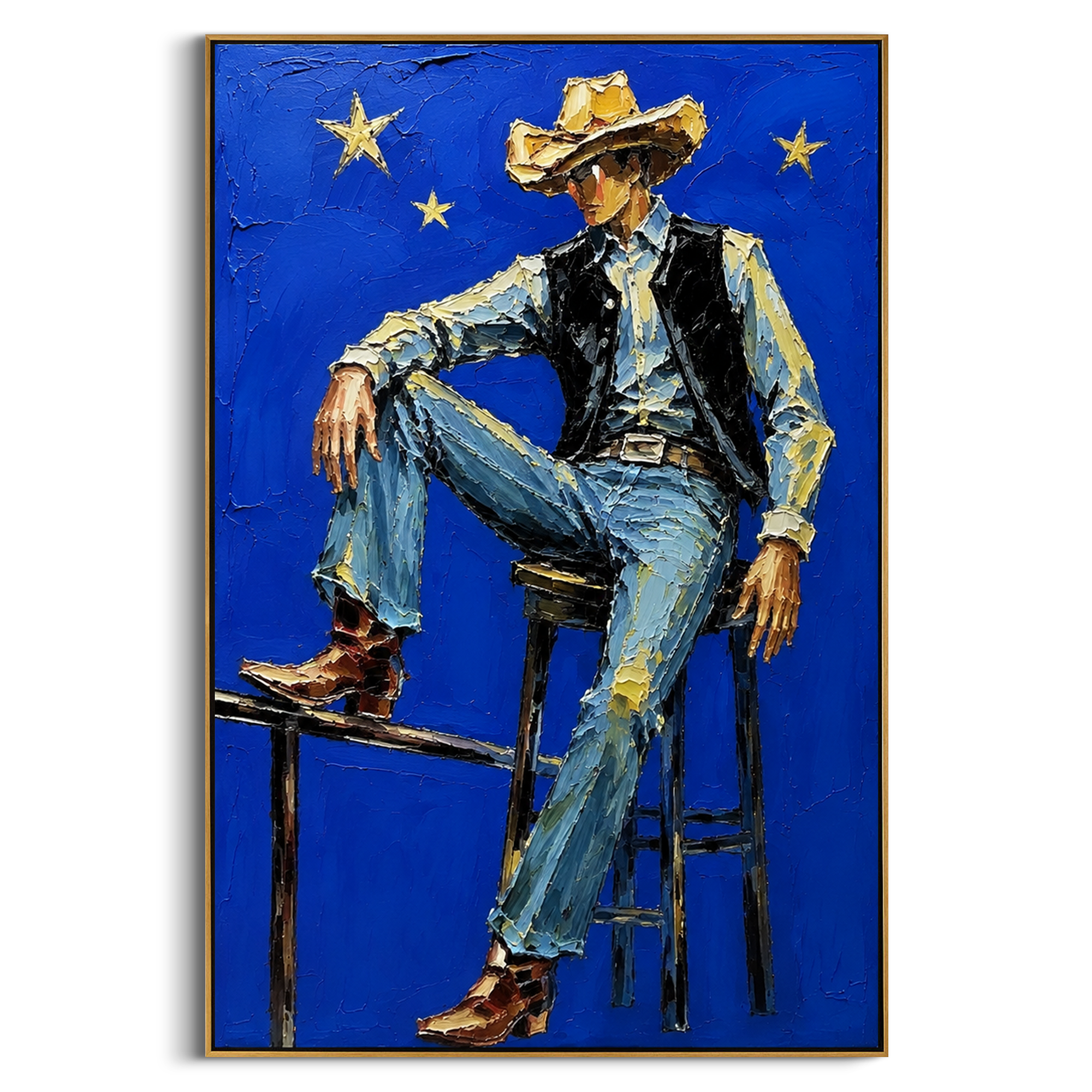 "Blue Star Cowboy Chair Painting" focuses on atmosphere, surface movement, and sculptural heavy impasto craftsmanship rather than a fixed literal storyline. The composition uses this hand-painted vertical canvas depicts a cowboy sitting on a high chair against a vivid blue field with yellow stars as the visual anchor, while layered palette-knife paint, raised plaster-like texture, and softened brush movement create tactile depth across the canvas. Curated with a balanced blue, beige, black
