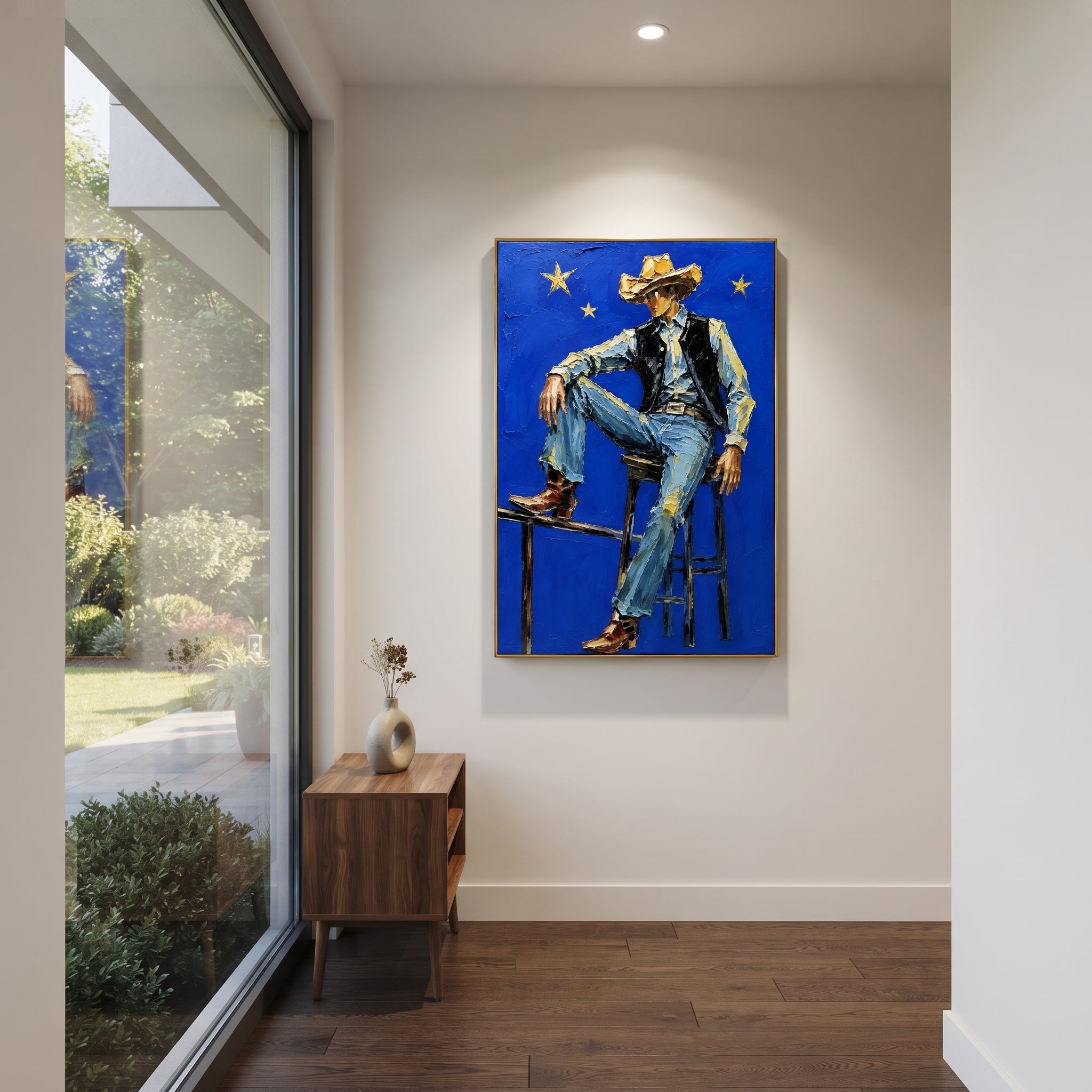 "Blue Star Cowboy Chair Painting" focuses on atmosphere, surface movement, and sculptural heavy impasto craftsmanship rather than a fixed literal storyline. The composition uses this hand-painted vertical canvas depicts a cowboy sitting on a high chair against a vivid blue field with yellow stars as the visual anchor, while layered palette-knife paint, raised plaster-like texture, and softened brush movement create tactile depth across the canvas. Curated with a balanced blue, beige, black