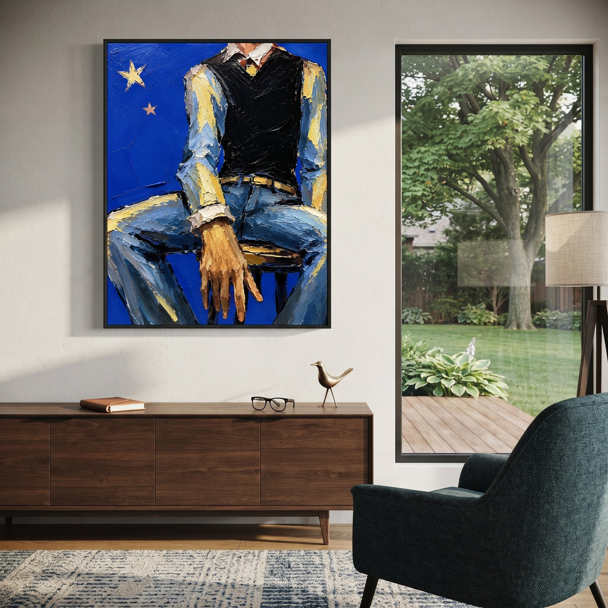 "Olive Coat Cowboy Painting" focuses on atmosphere, surface movement, and sculptural heavy impasto craftsmanship rather than a fixed literal storyline. The composition uses this hand-painted vertical canvas presents a cowboy figure wearing an olive green coat and pale hat, with warm sienna skin tones and dense plaster texture across the canvas as the visual anchor, while layered palette-knife paint, raised plaster-like texture, and softened brush movement create tactile depth across the canvas.