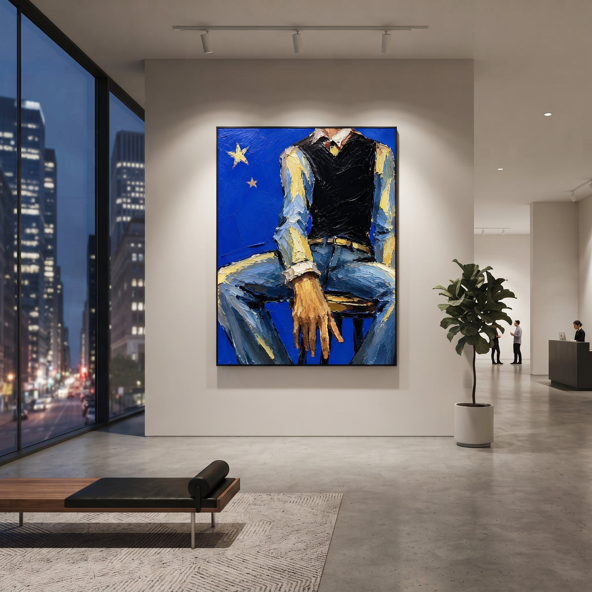 "Olive Coat Cowboy Painting" focuses on atmosphere, surface movement, and sculptural heavy impasto craftsmanship rather than a fixed literal storyline. The composition uses this hand-painted vertical canvas presents a cowboy figure wearing an olive green coat and pale hat, with warm sienna skin tones and dense plaster texture across the canvas as the visual anchor, while layered palette-knife paint, raised plaster-like texture, and softened brush movement create tactile depth across the canvas.