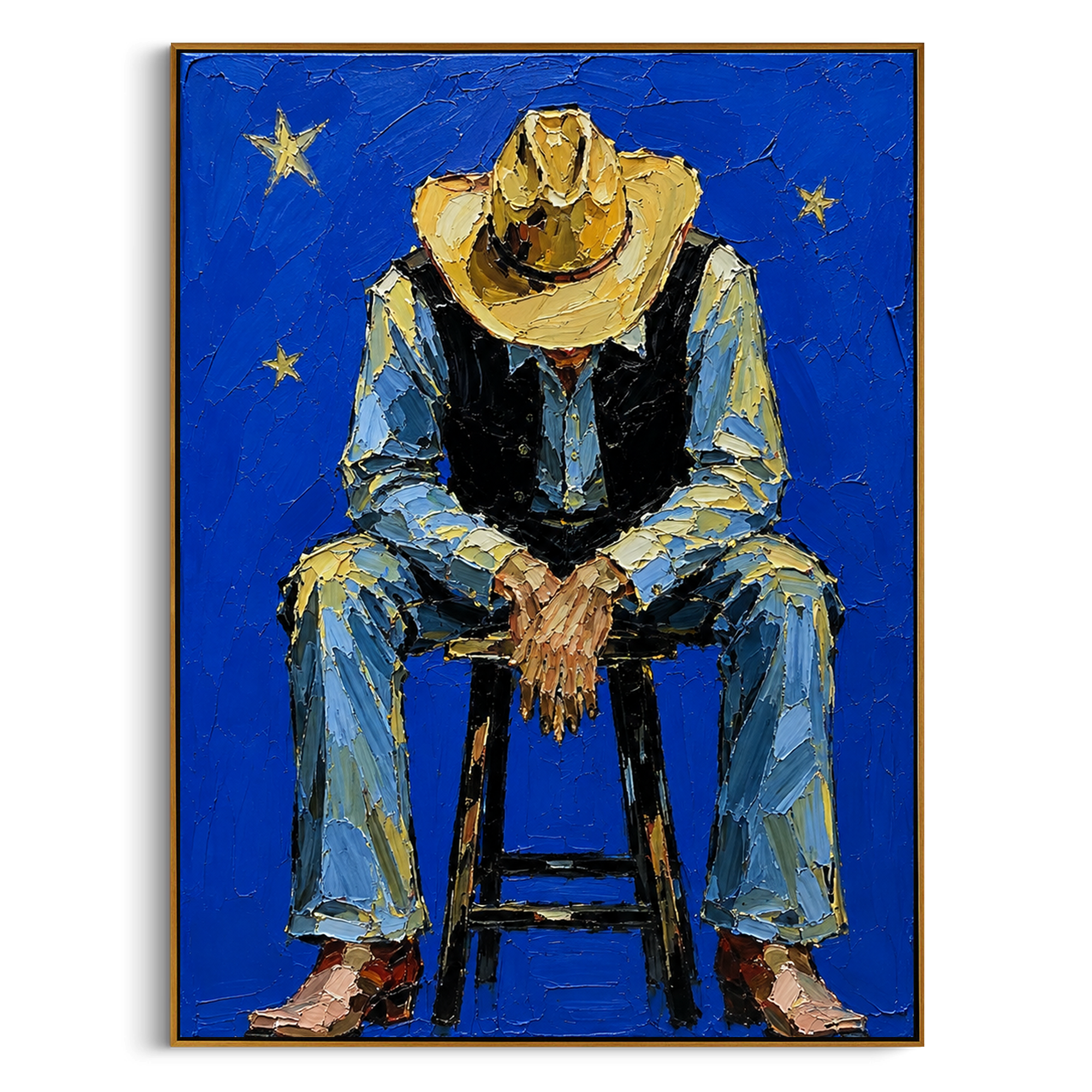 "Rust Face Cowboy Portrait Painting" focuses on atmosphere, surface movement, and sculptural heavy impasto craftsmanship rather than a fixed literal storyline. The composition uses this hand-painted vertical canvas presents a modern faceless cowboy portrait with burnt orange face tones, a sand colored hat, and muted green outerwear on a cream ground as the visual anchor, while layered palette-knife paint, raised plaster-like texture, and softened brush movement create tactile depth across the