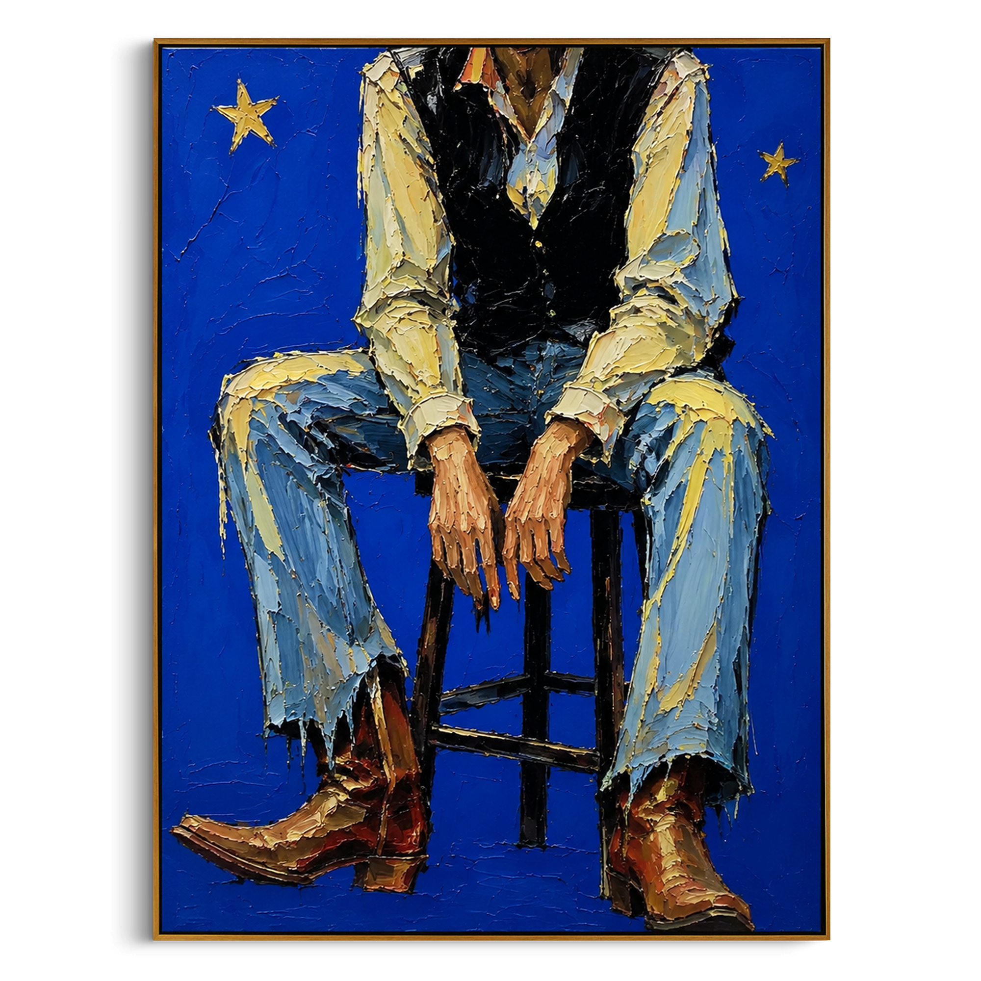 "Wide Brim Western Figure Painting" focuses on atmosphere, surface movement, and sculptural heavy impasto craftsmanship rather than a fixed literal storyline. The composition uses this hand-painted vertical canvas presents a faceless western figure with a broad tan hat, loose green coat, white shirt, and dark trousers shaped in heavy palette-knife strokes as the visual anchor, while layered palette-knife paint, raised plaster-like texture, and softened brush movement create tactile depth across