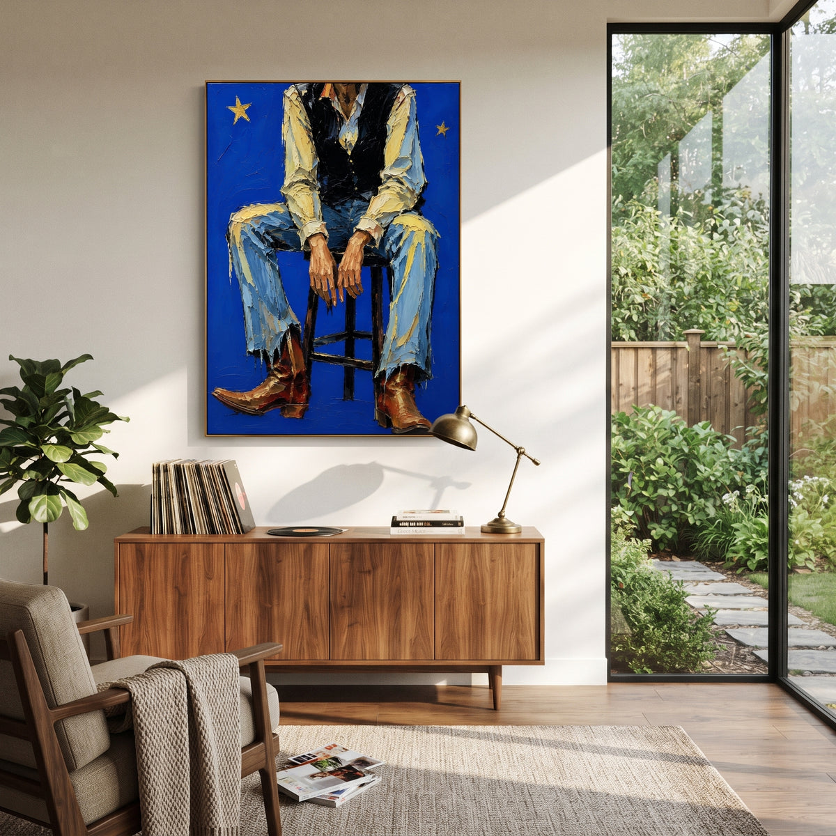 "Wide Brim Western Figure Painting" focuses on atmosphere, surface movement, and sculptural heavy impasto craftsmanship rather than a fixed literal storyline. The composition uses this hand-painted vertical canvas presents a faceless western figure with a broad tan hat, loose green coat, white shirt, and dark trousers shaped in heavy palette-knife strokes as the visual anchor, while layered palette-knife paint, raised plaster-like texture, and softened brush movement create tactile depth across