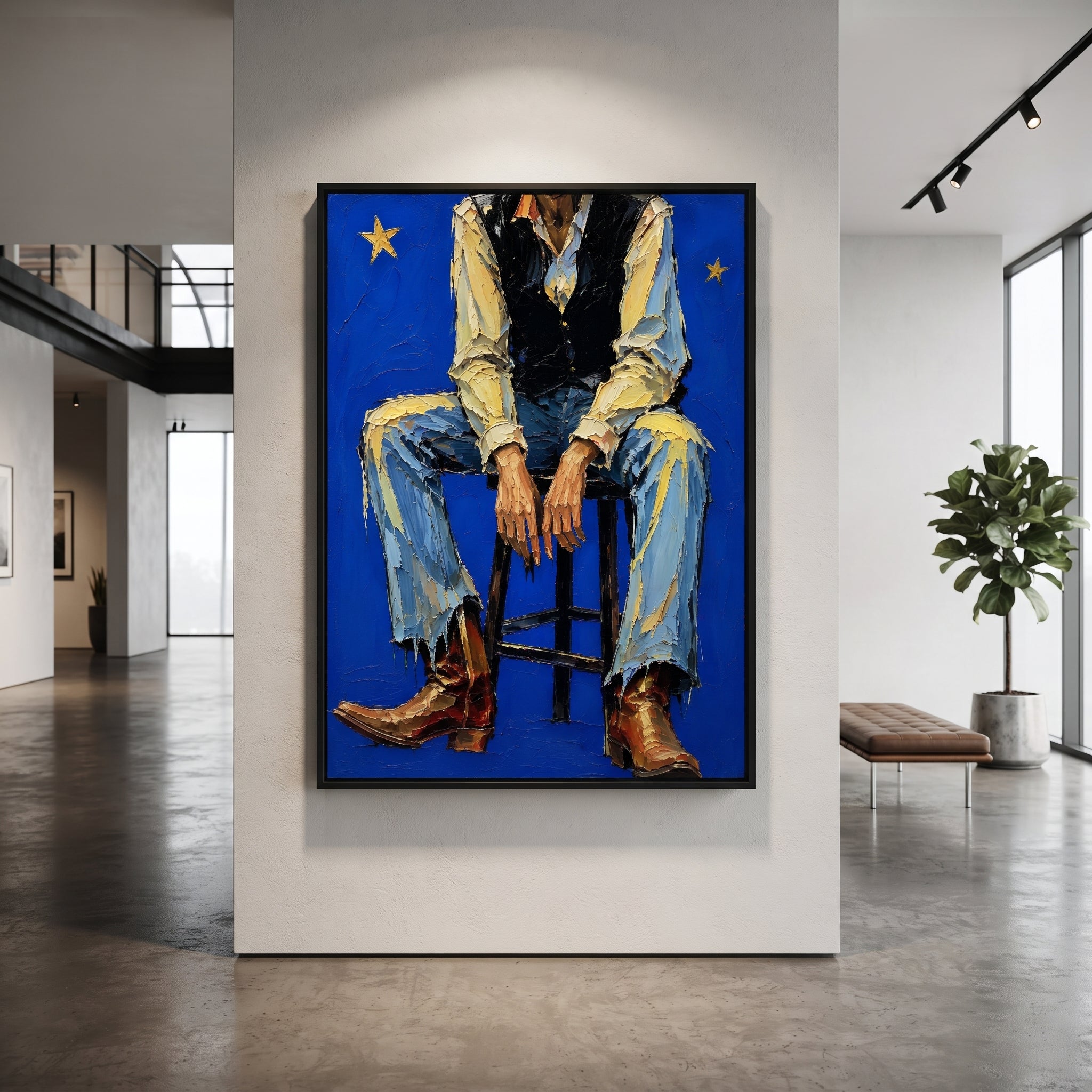 "Wide Brim Western Figure Painting" focuses on atmosphere, surface movement, and sculptural heavy impasto craftsmanship rather than a fixed literal storyline. The composition uses this hand-painted vertical canvas presents a faceless western figure with a broad tan hat, loose green coat, white shirt, and dark trousers shaped in heavy palette-knife strokes as the visual anchor, while layered palette-knife paint, raised plaster-like texture, and softened brush movement create tactile depth across
