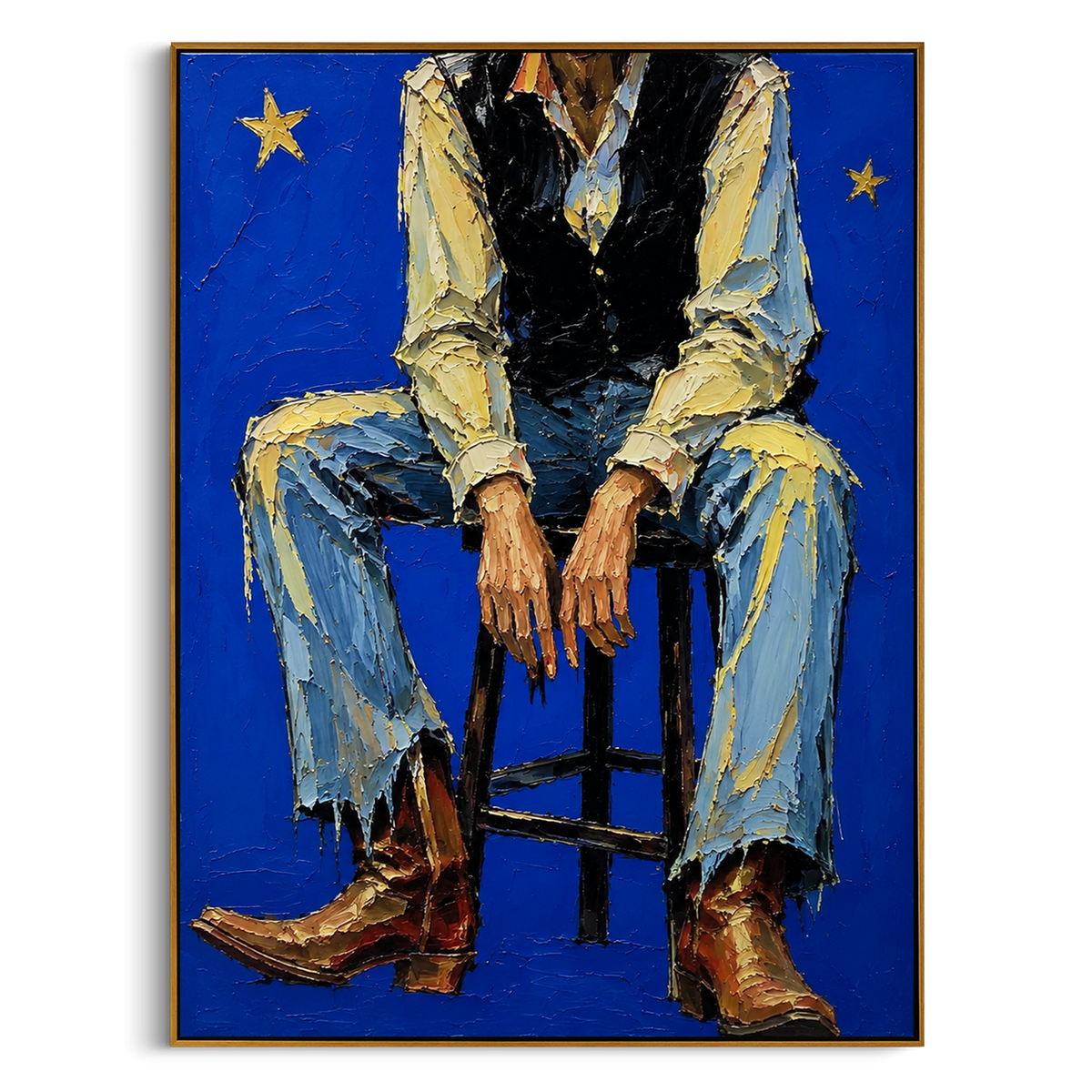 "Leaning Blue Cowboy Portrait Painting" focuses on atmosphere, surface movement, and sculptural heavy impasto craftsmanship rather than a fixed literal storyline. The composition uses this hand-painted vertical canvas crops a cowboy leaning with one arm over his knee, wearing a tan hat, black vest, pale blue shirt, and denim jeans as the visual anchor, while layered palette-knife paint, raised plaster-like texture, and softened brush movement create tactile depth across the canvas. Curated with