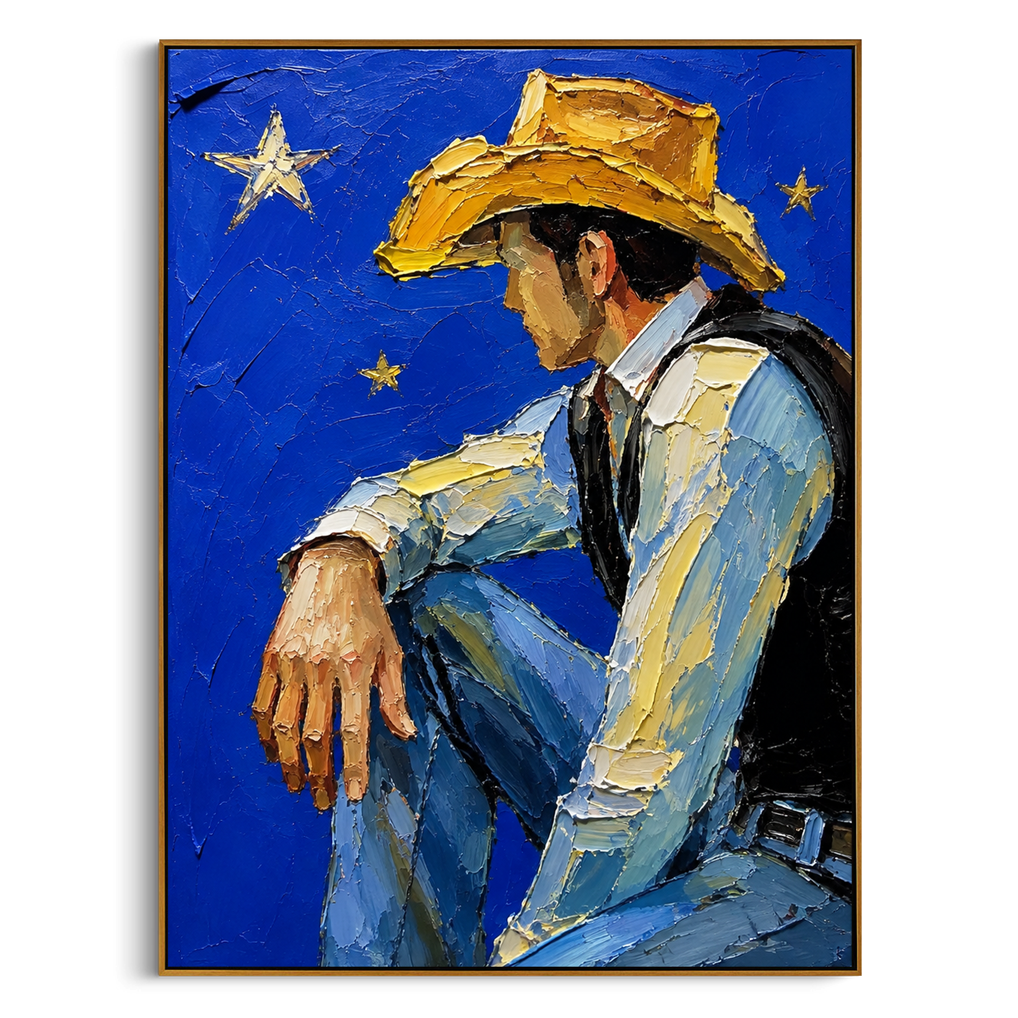 "Minimal Western Man Painting" focuses on atmosphere, surface movement, and sculptural heavy impasto craftsmanship rather than a fixed literal storyline. The composition uses this hand-painted vertical canvas presents a simplified western man in a broad hat and open jacket, painted with raised edges, earthy outlines, and a clean neutral background as the visual anchor, while layered palette-knife paint, raised plaster-like texture, and softened brush movement create tactile depth across the