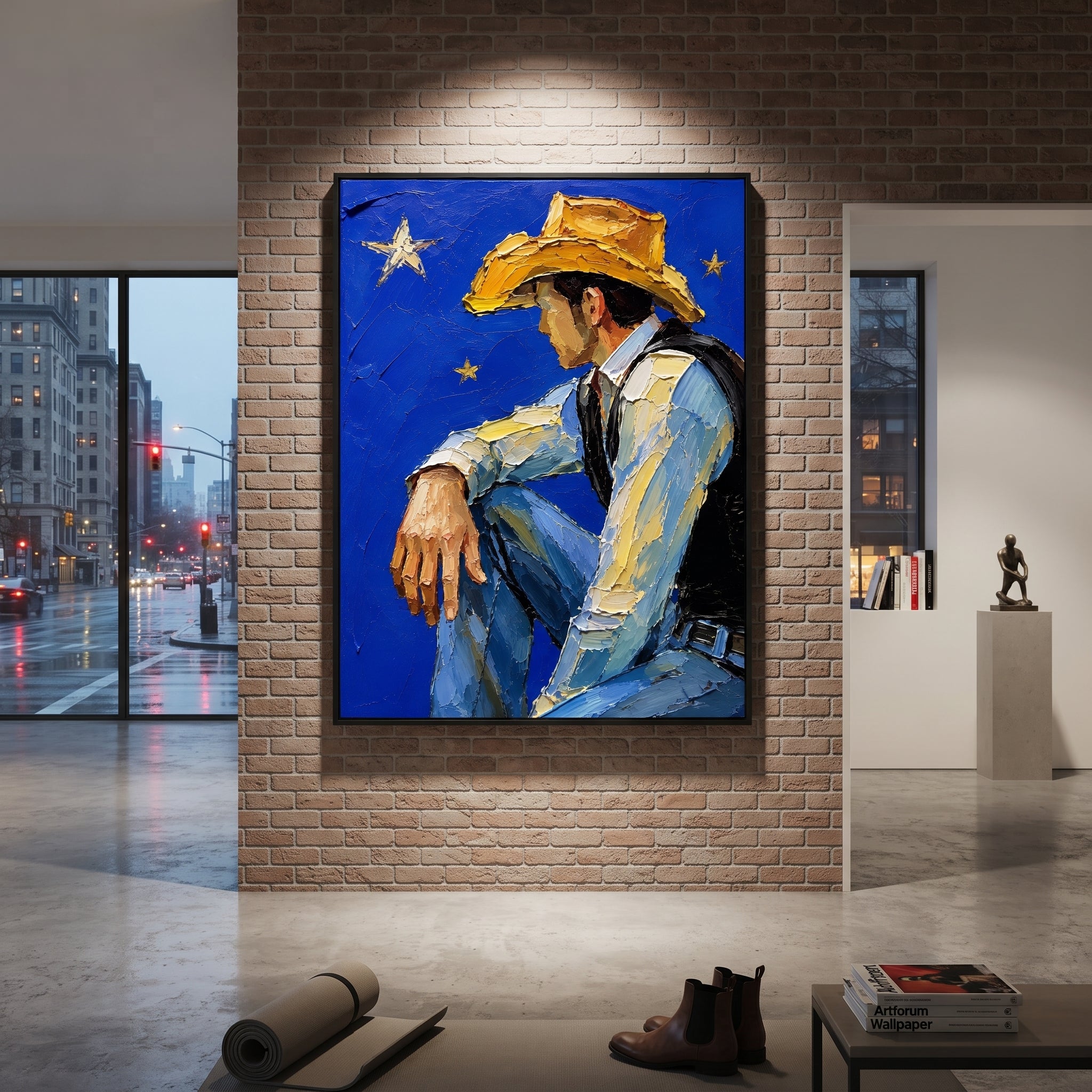 "Minimal Western Man Painting" focuses on atmosphere, surface movement, and sculptural heavy impasto craftsmanship rather than a fixed literal storyline. The composition uses this hand-painted vertical canvas presents a simplified western man in a broad hat and open jacket, painted with raised edges, earthy outlines, and a clean neutral background as the visual anchor, while layered palette-knife paint, raised plaster-like texture, and softened brush movement create tactile depth across the