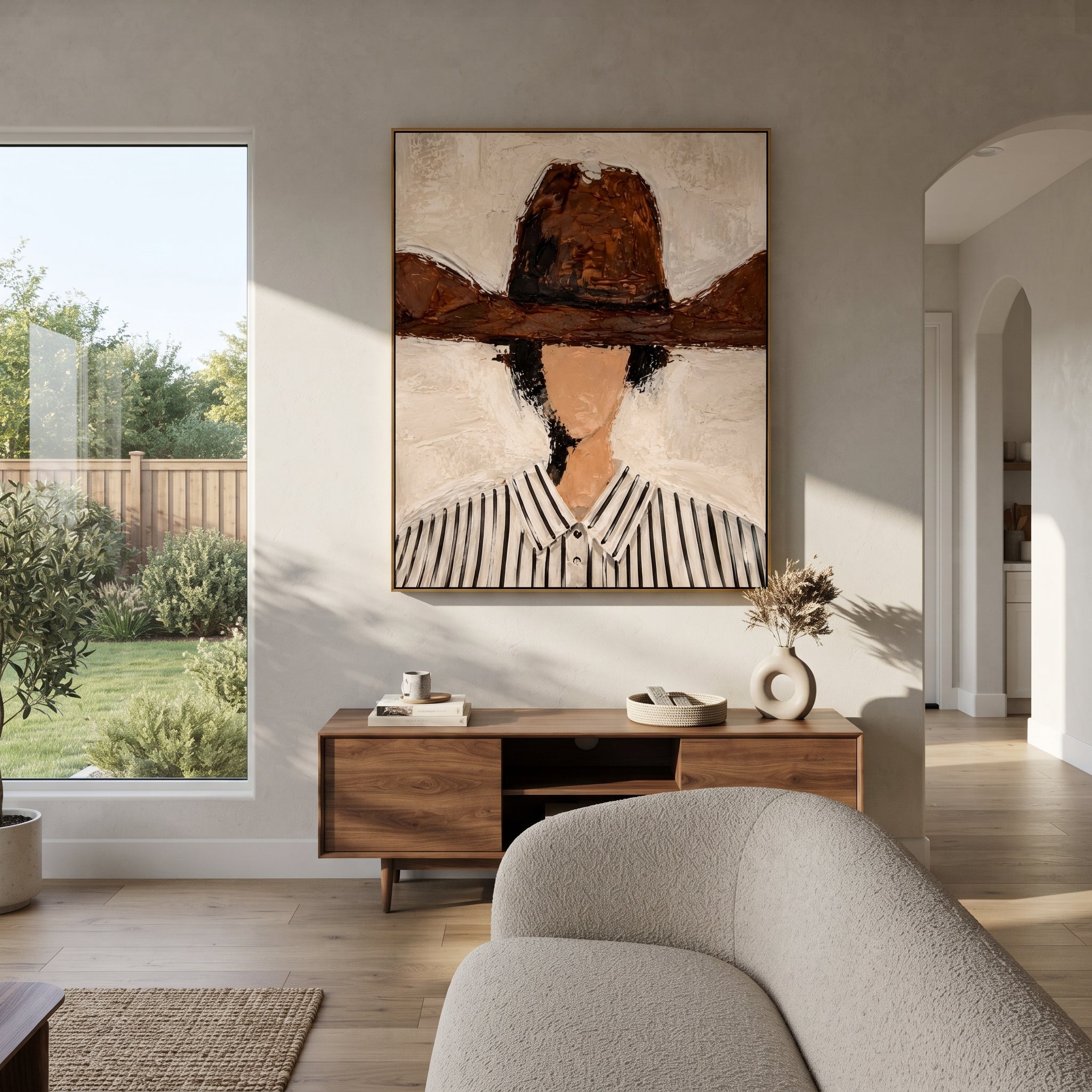"Wide Brown Hat Portrait Painting" focuses on atmosphere, surface movement, and sculptural heavy impasto craftsmanship rather than a fixed literal storyline. The composition uses this hand-painted vertical canvas features a faceless figure in a wide brown hat and black-striped white shirt against a creamy plaster background as the visual anchor, while layered palette-knife paint, raised plaster-like texture, and softened brush movement create tactile depth across the canvas. Curated with a