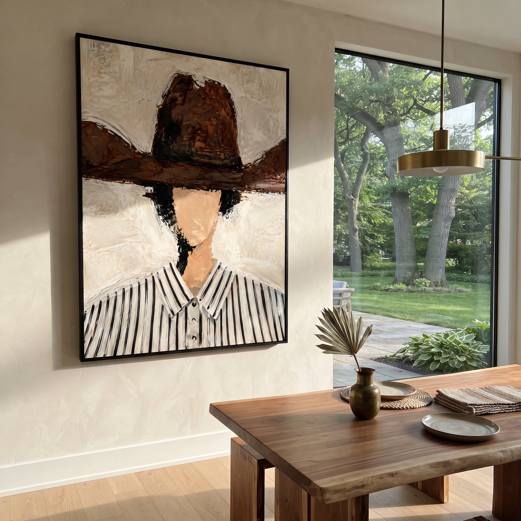 "Wide Brown Hat Portrait Painting" focuses on atmosphere, surface movement, and sculptural heavy impasto craftsmanship rather than a fixed literal storyline. The composition uses this hand-painted vertical canvas features a faceless figure in a wide brown hat and black-striped white shirt against a creamy plaster background as the visual anchor, while layered palette-knife paint, raised plaster-like texture, and softened brush movement create tactile depth across the canvas. Curated with a