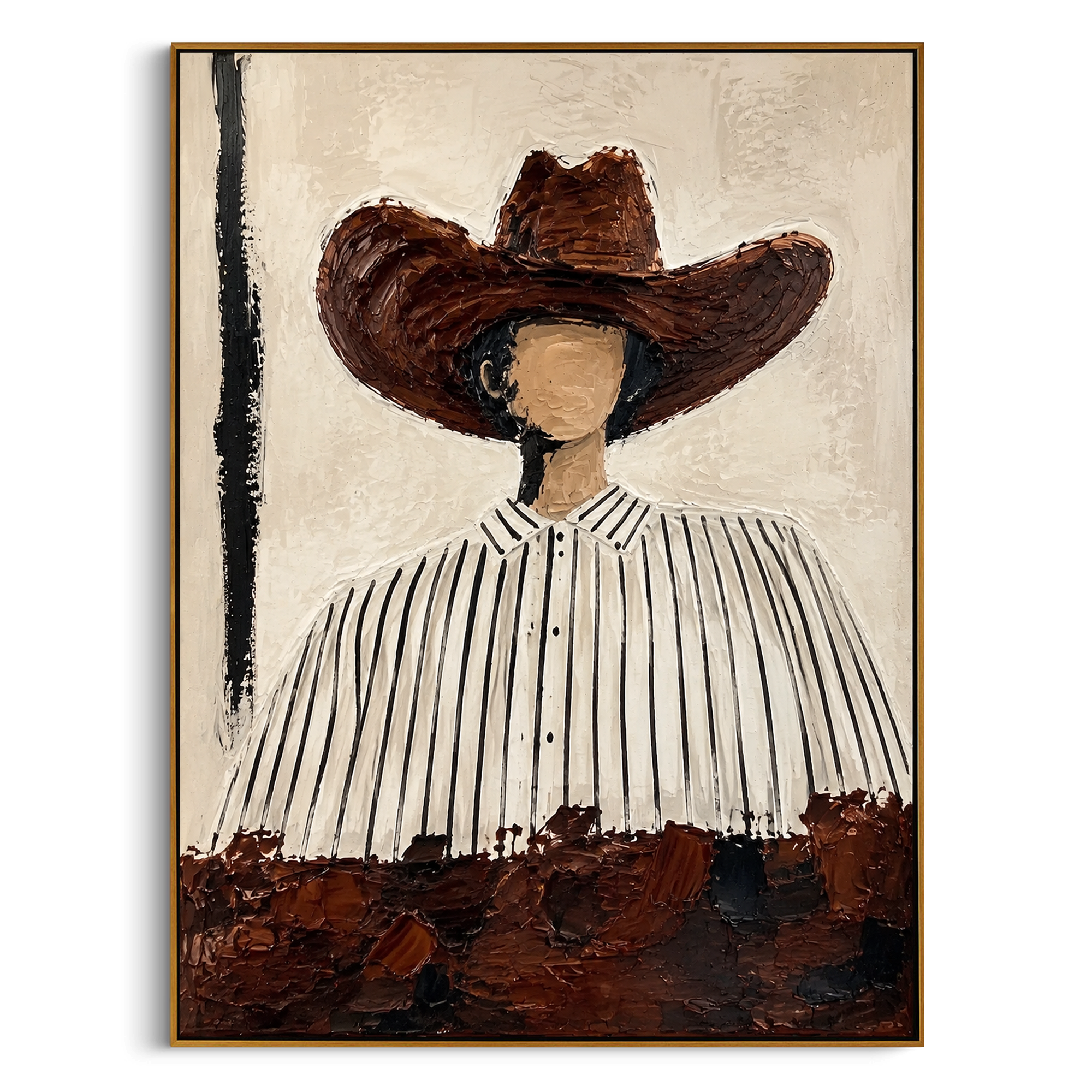 "Round Brown Hat Portrait Painting" focuses on atmosphere, surface movement, and sculptural heavy impasto craftsmanship rather than a fixed literal storyline. The composition uses this hand-painted vertical canvas shows a faceless western figure wearing a large rounded brown hat and a white shirt with narrow black stripes as the visual anchor, while layered palette-knife paint, raised plaster-like texture, and softened brush movement create tactile depth across the canvas. Curated with a