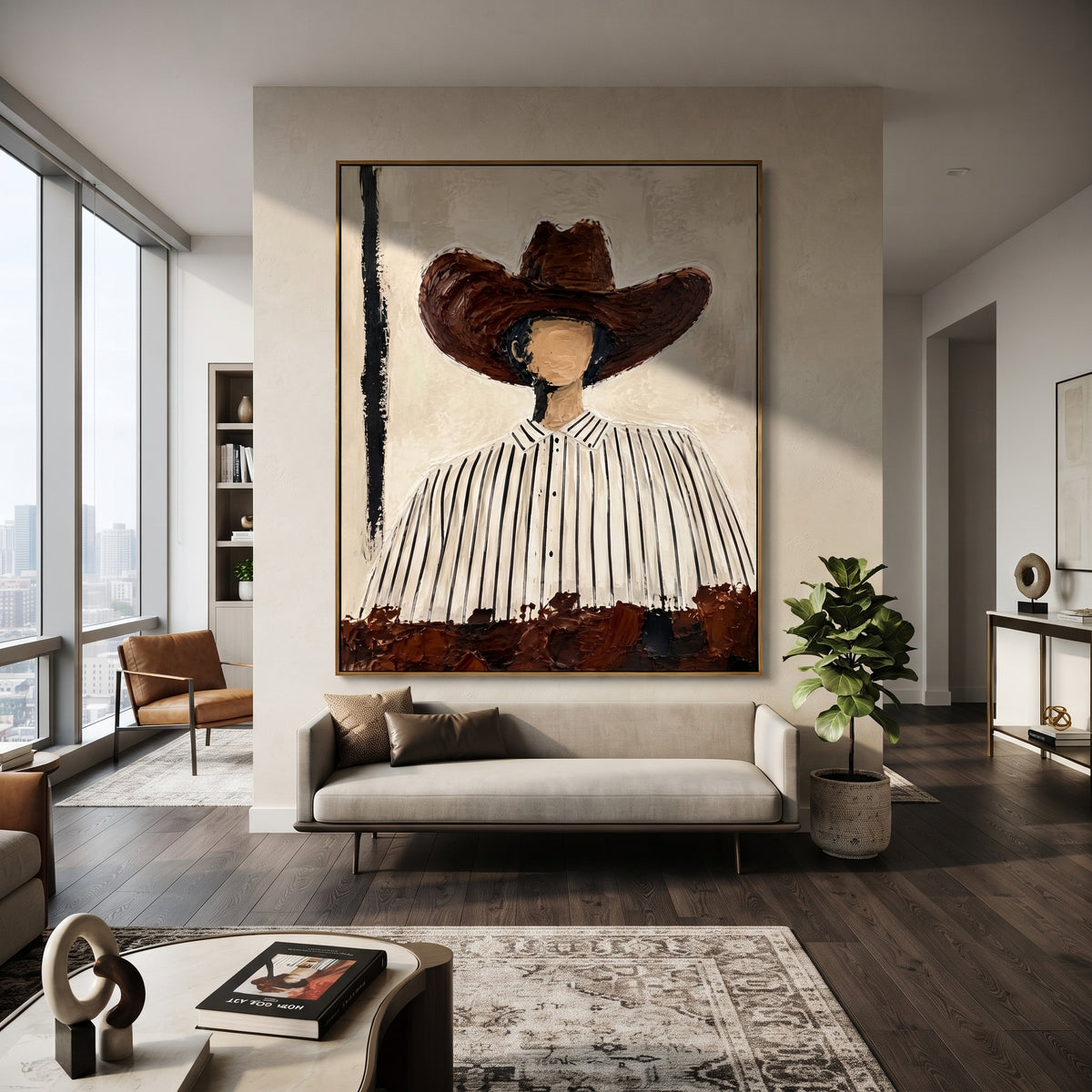 "Round Brown Hat Portrait Painting" focuses on atmosphere, surface movement, and sculptural heavy impasto craftsmanship rather than a fixed literal storyline. The composition uses this hand-painted vertical canvas shows a faceless western figure wearing a large rounded brown hat and a white shirt with narrow black stripes as the visual anchor, while layered palette-knife paint, raised plaster-like texture, and softened brush movement create tactile depth across the canvas. Curated with a