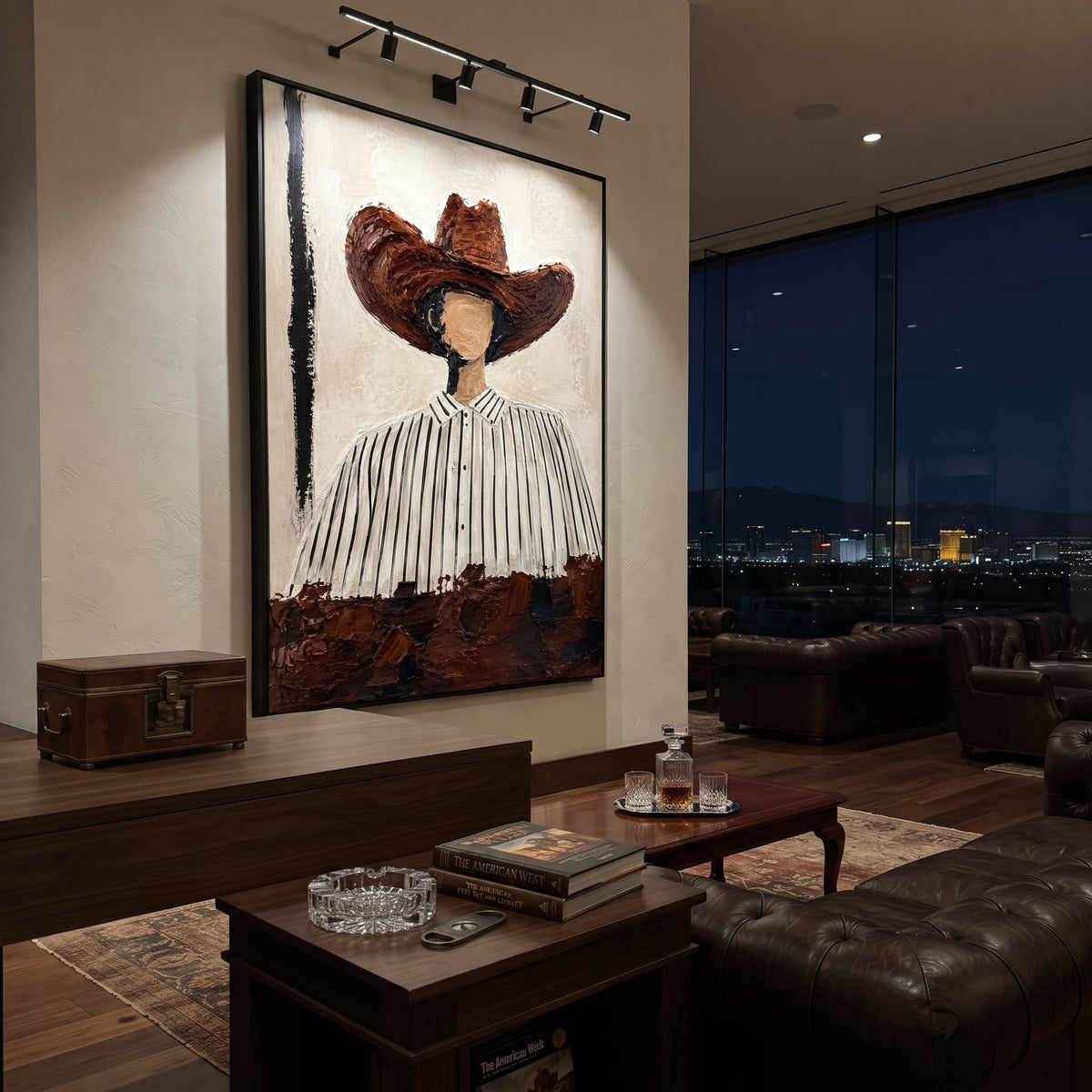 "Round Brown Hat Portrait Painting" focuses on atmosphere, surface movement, and sculptural heavy impasto craftsmanship rather than a fixed literal storyline. The composition uses this hand-painted vertical canvas shows a faceless western figure wearing a large rounded brown hat and a white shirt with narrow black stripes as the visual anchor, while layered palette-knife paint, raised plaster-like texture, and softened brush movement create tactile depth across the canvas. Curated with a