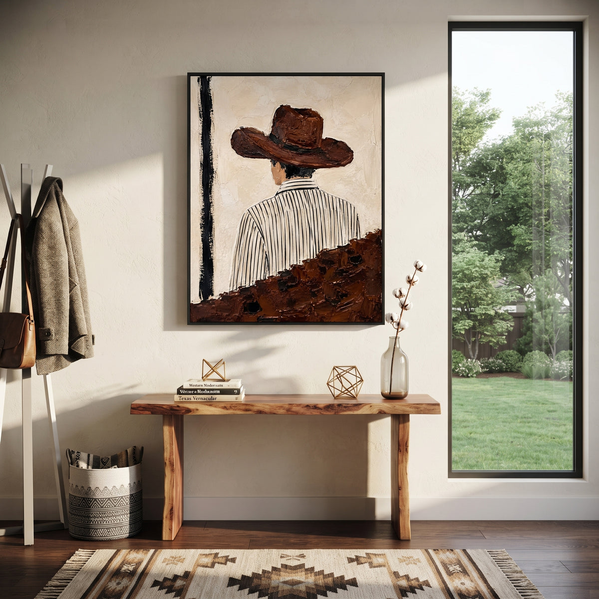 "Back Turn Striped Shirt Cowboy Painting" focuses on atmosphere, surface movement, and sculptural heavy impasto craftsmanship rather than a fixed literal storyline. The composition uses this hand-painted vertical canvas depicts a western figure from behind, wearing a broad brown hat and a white shirt with thin black vertical stripes as the visual anchor, while layered palette-knife paint, raised plaster-like texture, and softened brush movement create tactile depth across the canvas. Curated