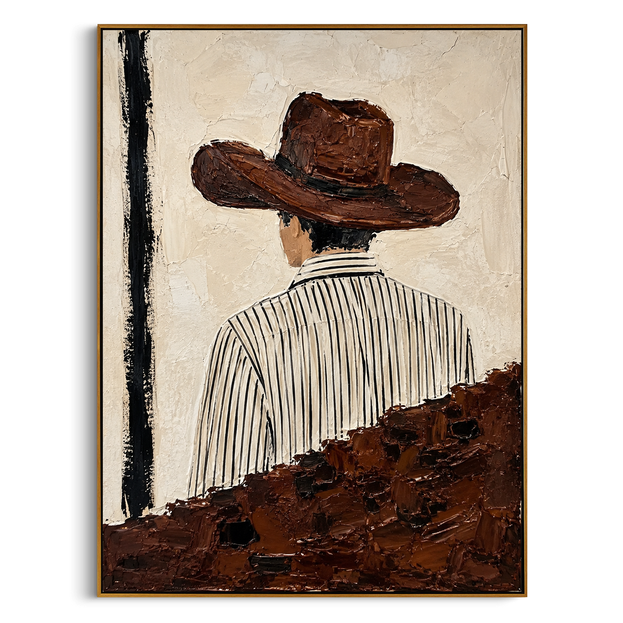 "Back Turn Striped Shirt Cowboy Painting" focuses on atmosphere, surface movement, and sculptural heavy impasto craftsmanship rather than a fixed literal storyline. The composition uses this hand-painted vertical canvas depicts a western figure from behind, wearing a broad brown hat and a white shirt with thin black vertical stripes as the visual anchor, while layered palette-knife paint, raised plaster-like texture, and softened brush movement create tactile depth across the canvas. Curated