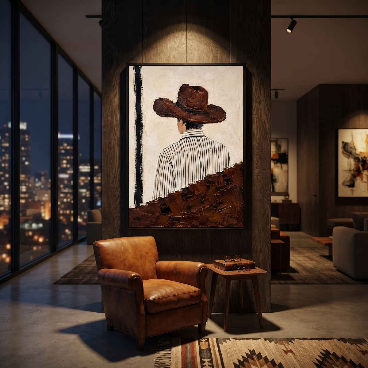 "Back Turn Striped Shirt Cowboy Painting" focuses on atmosphere, surface movement, and sculptural heavy impasto craftsmanship rather than a fixed literal storyline. The composition uses this hand-painted vertical canvas depicts a western figure from behind, wearing a broad brown hat and a white shirt with thin black vertical stripes as the visual anchor, while layered palette-knife paint, raised plaster-like texture, and softened brush movement create tactile depth across the canvas. Curated