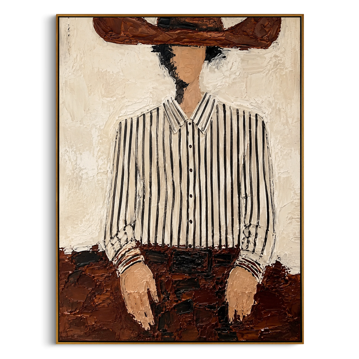 "Brown Hat Striped Torso Painting" focuses on atmosphere, surface movement, and sculptural heavy impasto craftsmanship rather than a fixed literal storyline. The composition uses this hand-painted vertical canvas crops a faceless figure beneath a wide brown hat, emphasizing the white striped shirt, dark belt, and rough brown lower texture as the visual anchor, while layered palette-knife paint, raised plaster-like texture, and softened brush movement create tactile depth across the canvas.