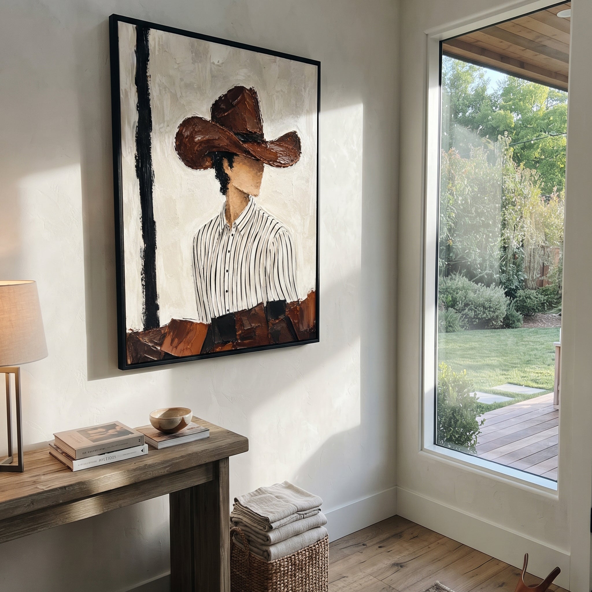 "Side Glance Brown Hat Painting" focuses on atmosphere, surface movement, and sculptural heavy impasto craftsmanship rather than a fixed literal storyline. The composition uses this hand-painted vertical canvas shows a faceless western figure turned slightly to the side under a wide brown hat as the visual anchor, while layered palette-knife paint, raised plaster-like texture, and softened brush movement create tactile depth across the canvas. Curated with a balanced beige, brown, black palette