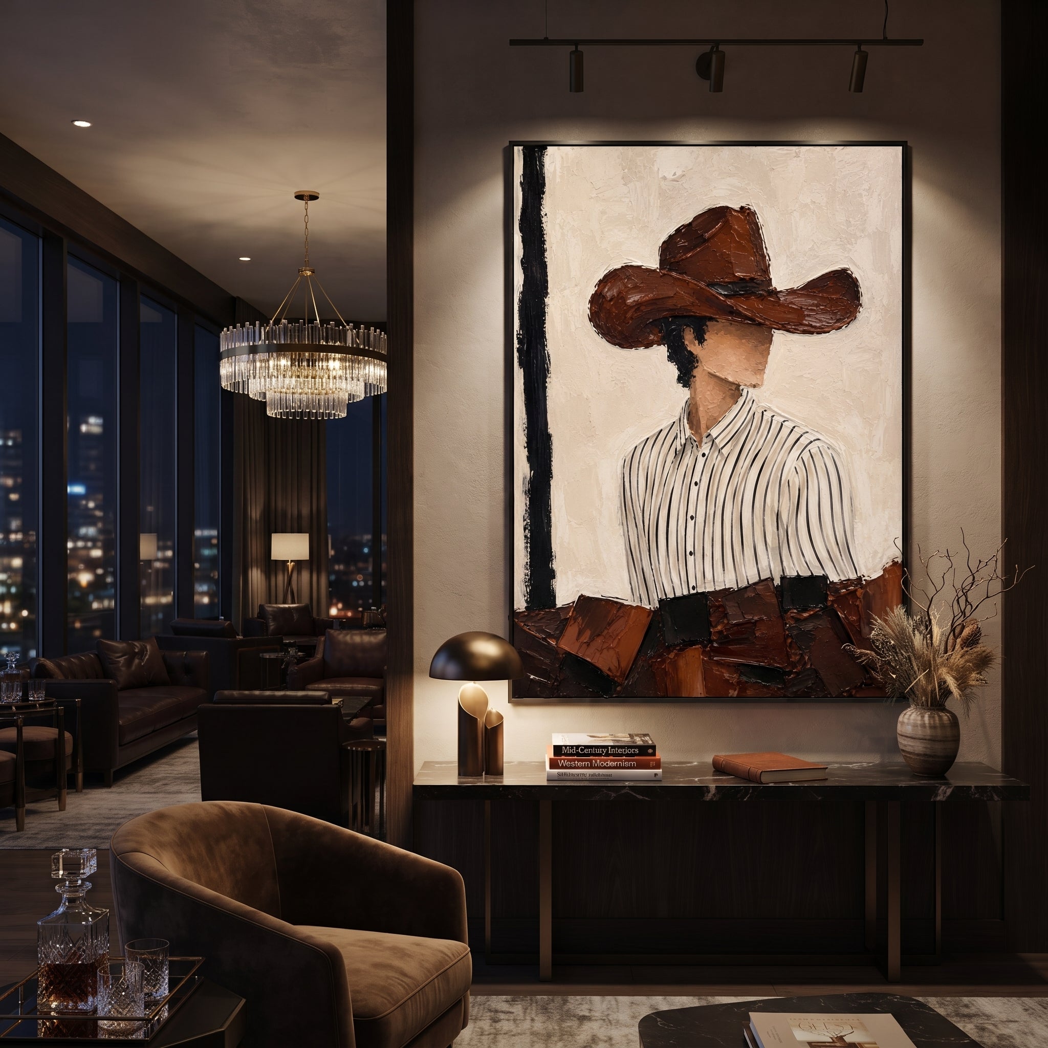 "Side Glance Brown Hat Painting" focuses on atmosphere, surface movement, and sculptural heavy impasto craftsmanship rather than a fixed literal storyline. The composition uses this hand-painted vertical canvas shows a faceless western figure turned slightly to the side under a wide brown hat as the visual anchor, while layered palette-knife paint, raised plaster-like texture, and softened brush movement create tactile depth across the canvas. Curated with a balanced beige, brown, black palette