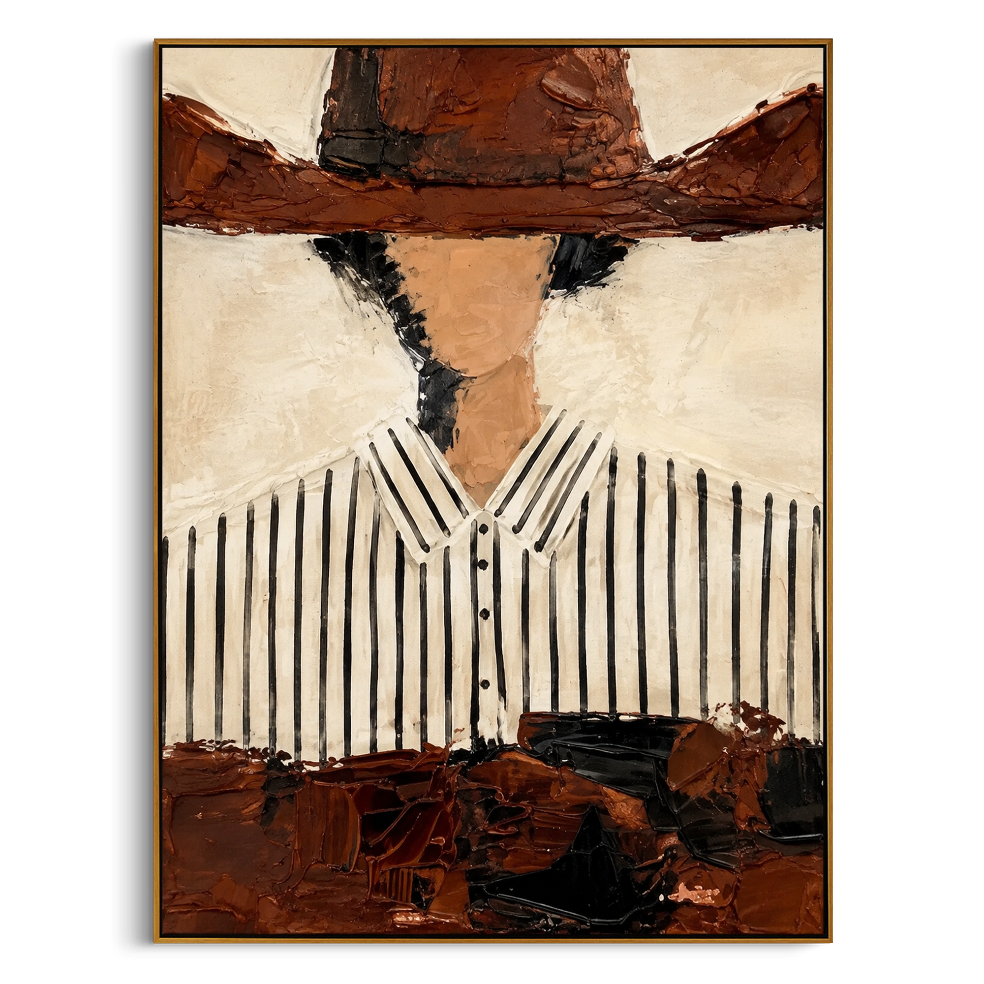 "Cropped Brown Hat Cowboy Painting" focuses on atmosphere, surface movement, and sculptural heavy impasto craftsmanship rather than a fixed literal storyline. The composition uses this hand-painted vertical canvas presents a cropped western portrait with a broad brown hat shadowing a faceless head above a white black-striped shirt as the visual anchor, while layered palette-knife paint, raised plaster-like texture, and softened brush movement create tactile depth across the canvas. Curated with