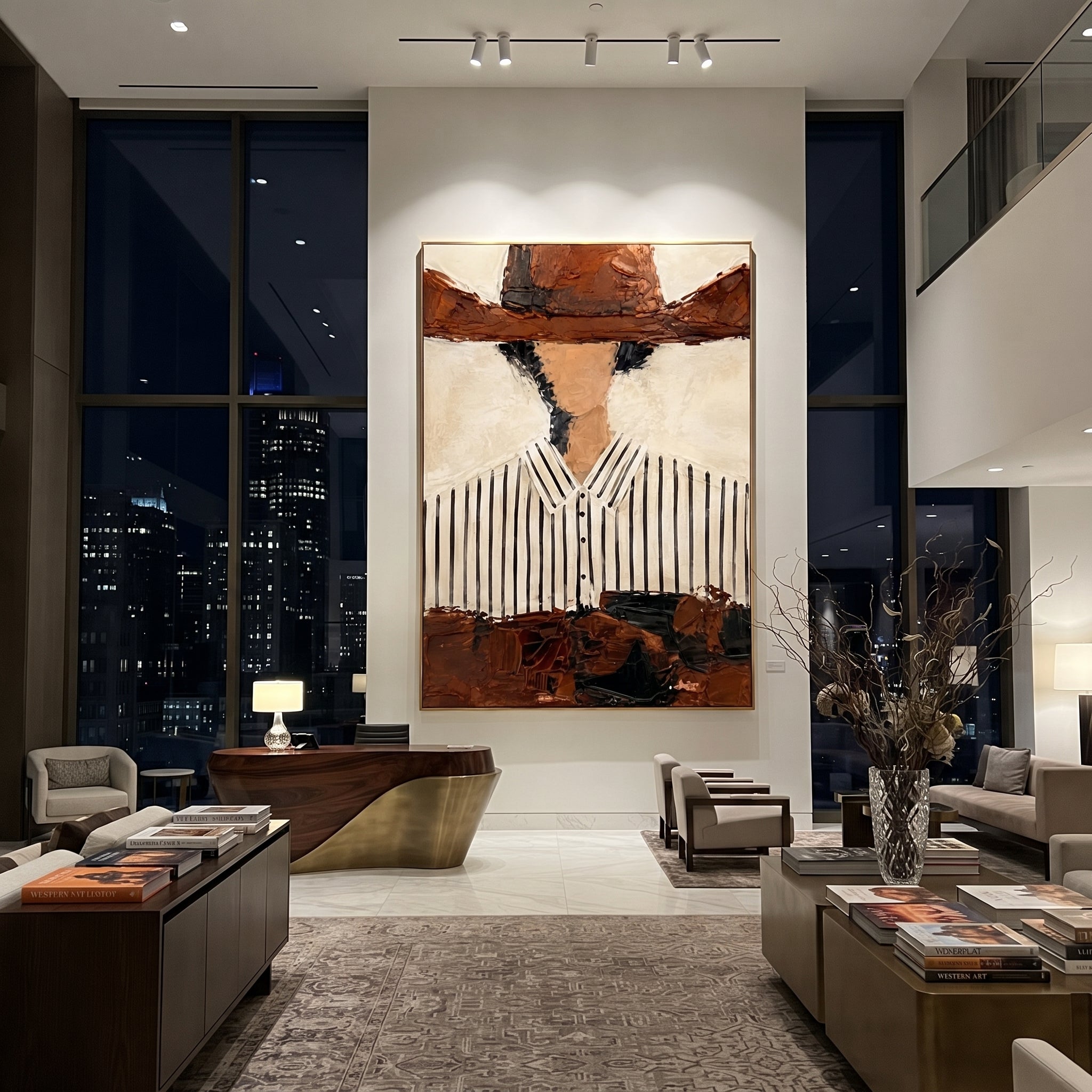 "Cropped Brown Hat Cowboy Painting" focuses on atmosphere, surface movement, and sculptural heavy impasto craftsmanship rather than a fixed literal storyline. The composition uses this hand-painted vertical canvas presents a cropped western portrait with a broad brown hat shadowing a faceless head above a white black-striped shirt as the visual anchor, while layered palette-knife paint, raised plaster-like texture, and softened brush movement create tactile depth across the canvas. Curated with