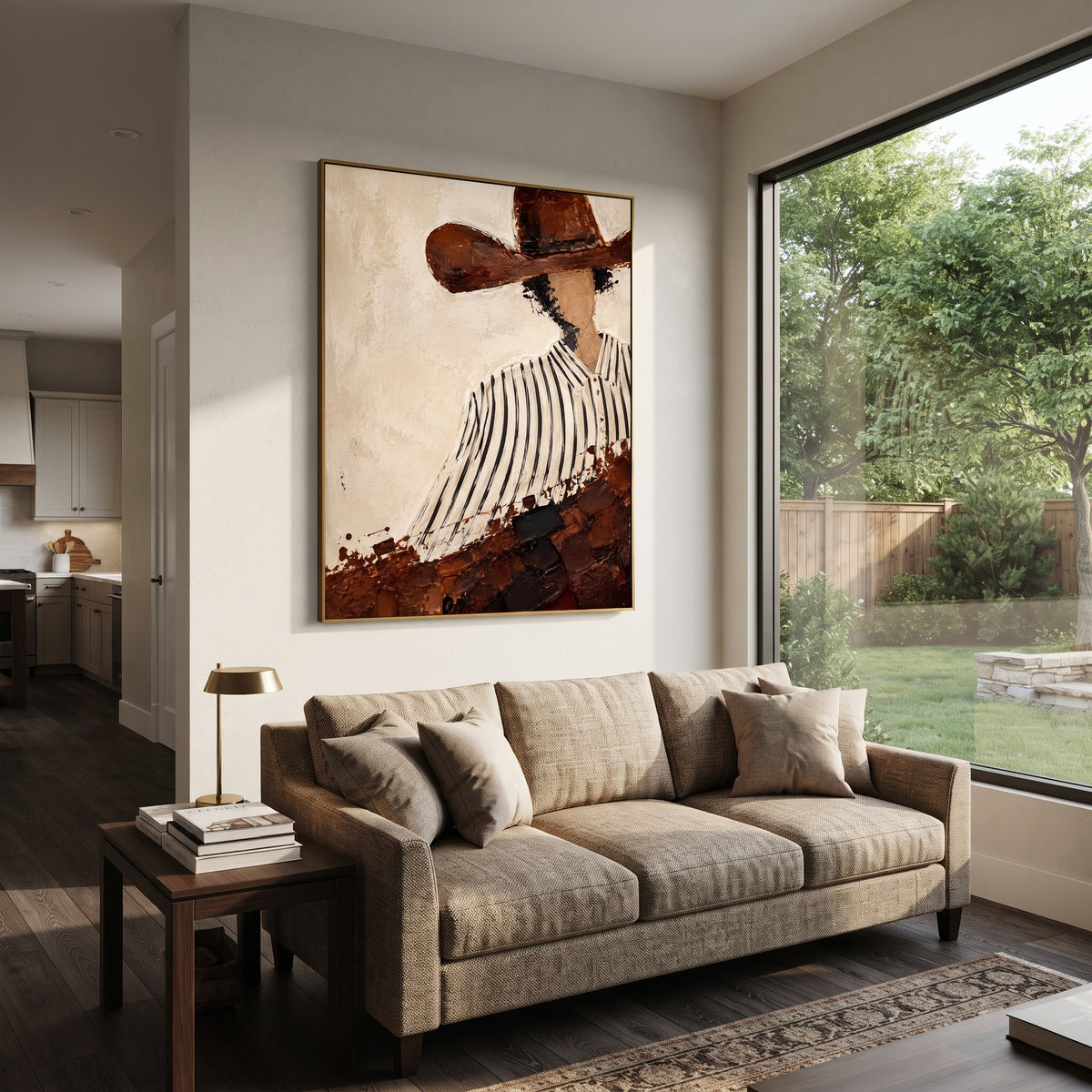 "Diagonal Striped Shirt Cowboy Painting" focuses on atmosphere, surface movement, and sculptural heavy impasto craftsmanship rather than a fixed literal storyline. The composition uses this hand-painted vertical canvas presents a faceless cowboy cropped diagonally beneath a wide brown hat, wearing a white shirt with black vertical stripes as the visual anchor, while layered palette-knife paint, raised plaster-like texture, and softened brush movement create tactile depth across the canvas.