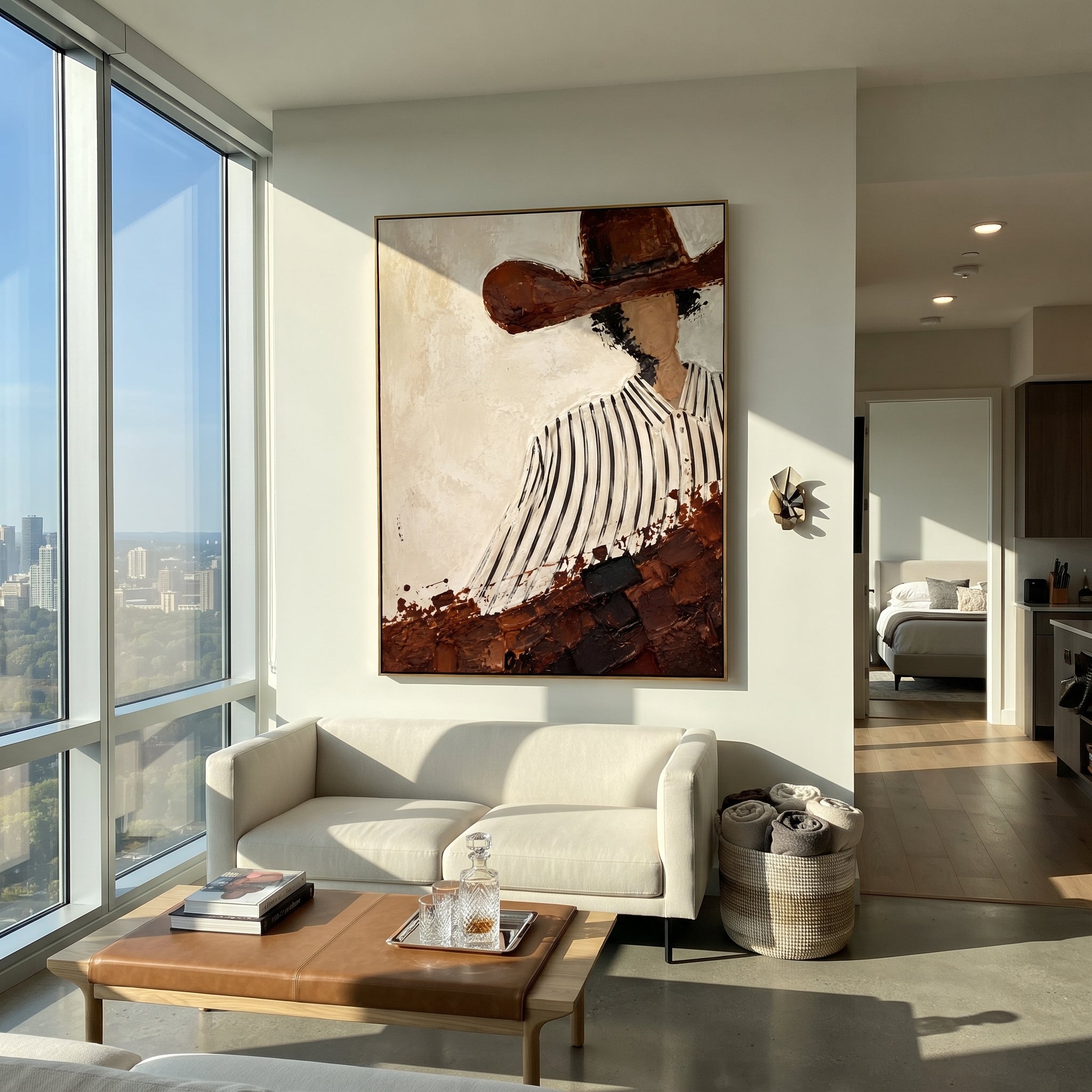 "Diagonal Striped Shirt Cowboy Painting" focuses on atmosphere, surface movement, and sculptural heavy impasto craftsmanship rather than a fixed literal storyline. The composition uses this hand-painted vertical canvas presents a faceless cowboy cropped diagonally beneath a wide brown hat, wearing a white shirt with black vertical stripes as the visual anchor, while layered palette-knife paint, raised plaster-like texture, and softened brush movement create tactile depth across the canvas.