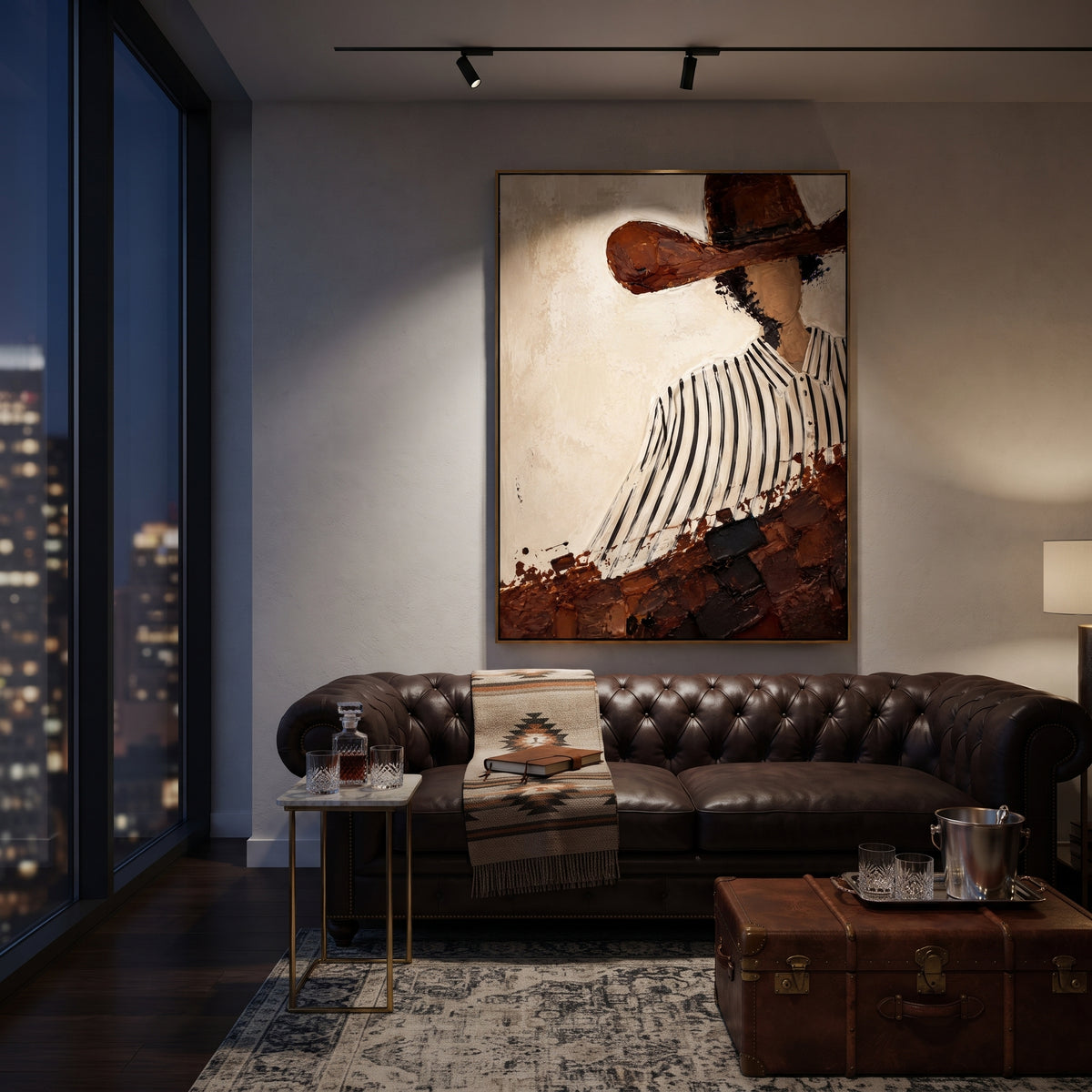 "Diagonal Striped Shirt Cowboy Painting" focuses on atmosphere, surface movement, and sculptural heavy impasto craftsmanship rather than a fixed literal storyline. The composition uses this hand-painted vertical canvas presents a faceless cowboy cropped diagonally beneath a wide brown hat, wearing a white shirt with black vertical stripes as the visual anchor, while layered palette-knife paint, raised plaster-like texture, and softened brush movement create tactile depth across the canvas.