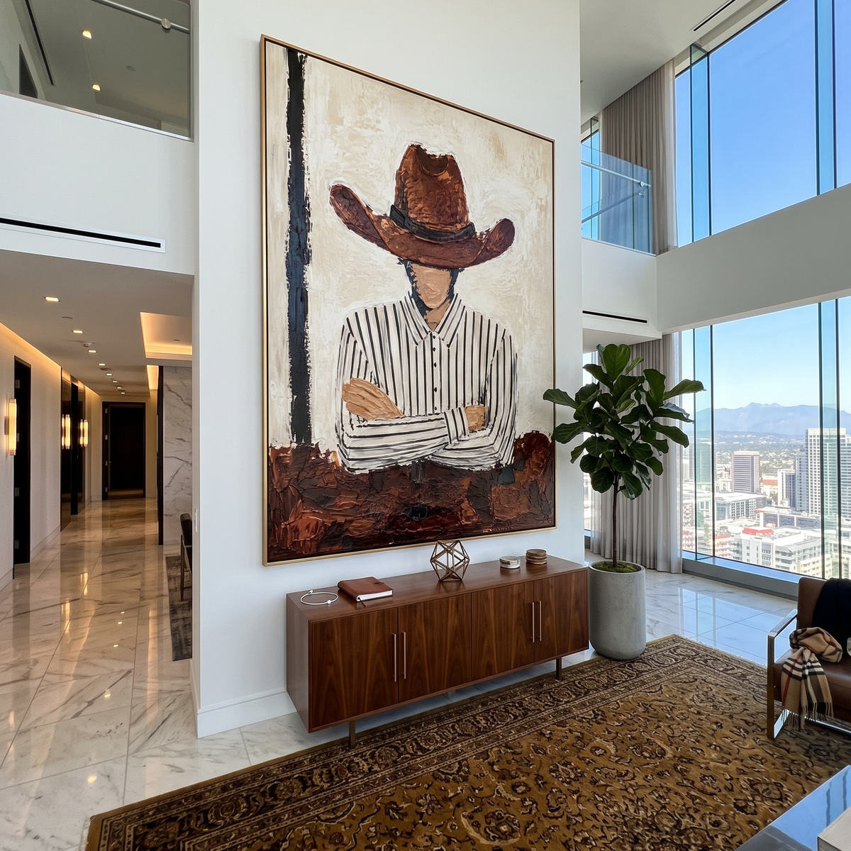 "Arms Crossed Brown Hat Cowboy Painting" focuses on atmosphere, surface movement, and sculptural heavy impasto craftsmanship rather than a fixed literal storyline. The composition uses this hand-painted vertical canvas shows a faceless cowboy standing with crossed arms beneath a broad brown hat as the visual anchor, while layered palette-knife paint, raised plaster-like texture, and softened brush movement create tactile depth across the canvas. Curated with a balanced beige, brown, black